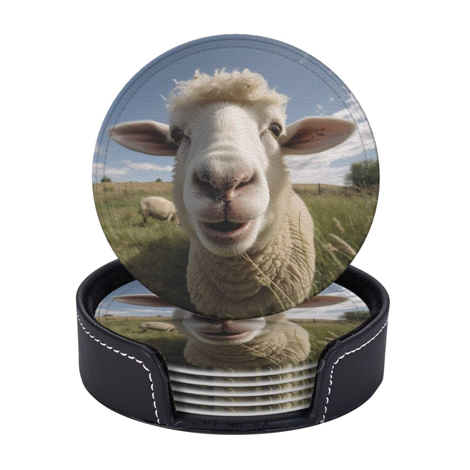 Drink Coasters 6 PCS Round Leather Coaster Sheep Taking Pictures Coasters for Drinks Non-Slip Mugs Pads with Holder Personalized Cups Pad Mat for Coffee Table Kitchen 10 CM