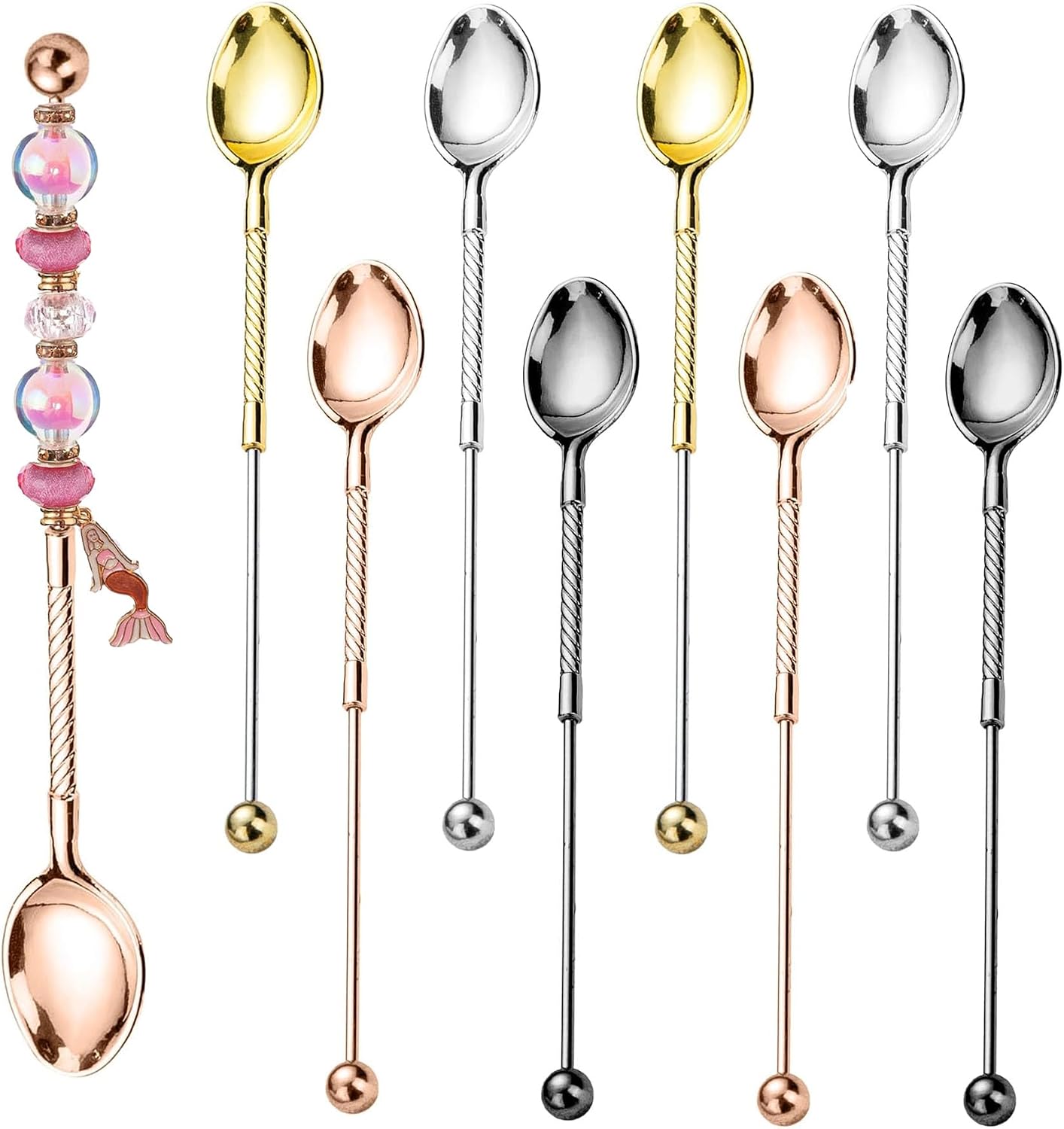 8 Pack Beadable Coffee Spoon Set Beaded Metal Teaspoons for Dessert DIY Crafts Making Bead Project, Silver, Gold, Rose-gold and Gray (Sugar Spoon Silver)