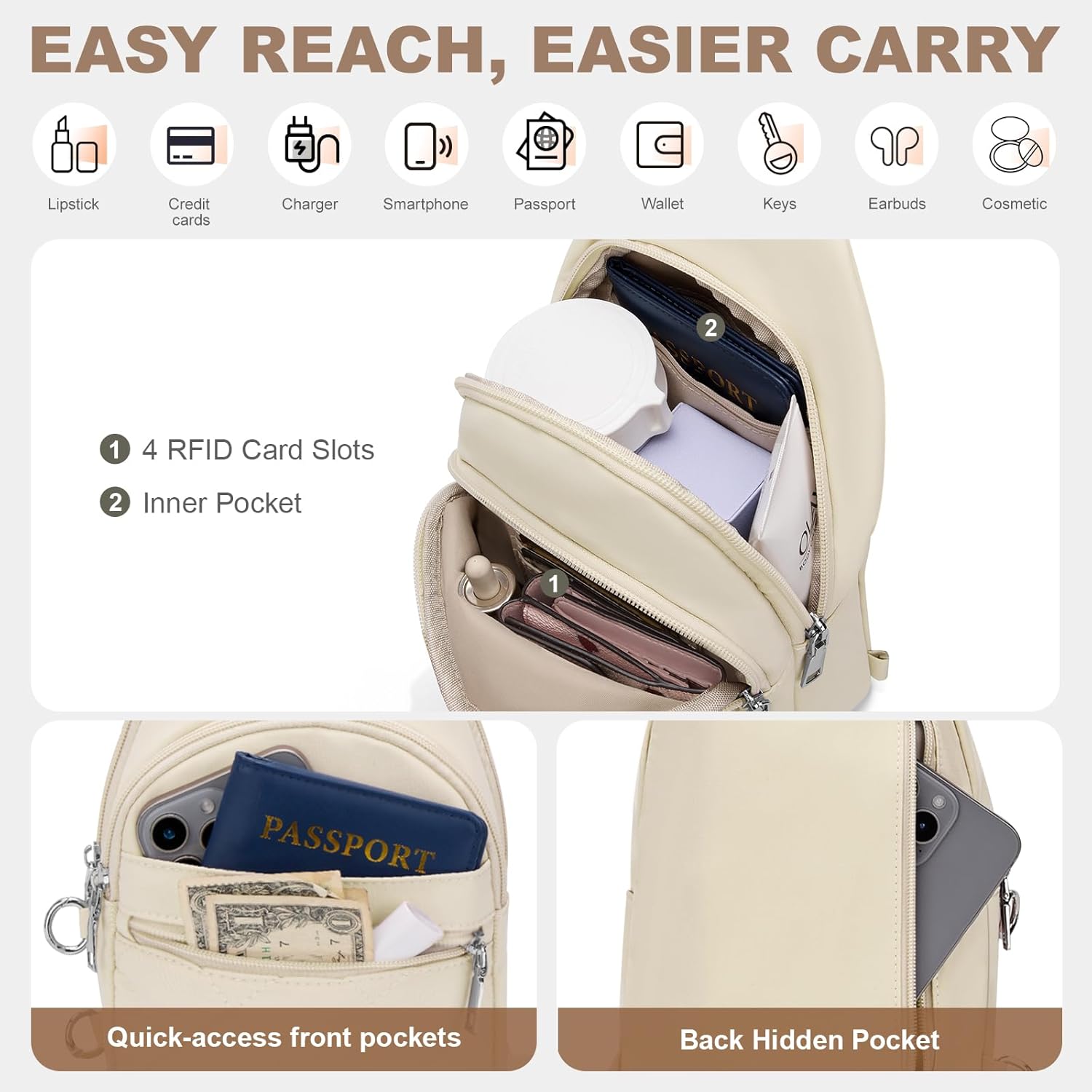 Sling Bag for Women, Anti-Theft RFID Crossbody Bag Nylon Sling Purse for Travel, Puffy Small backpack for Daily Hiking Sports White - Image 4