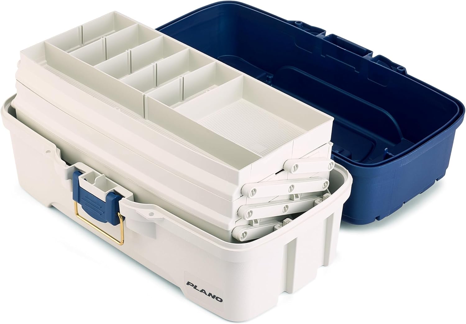 Plano Three-Tray Tackle Box, Blue/White, Rust-Proof Brass Latch, Top-Access Tray with Deep Storage, Made in the USA, Portable Fishing Gear Storage Organizer