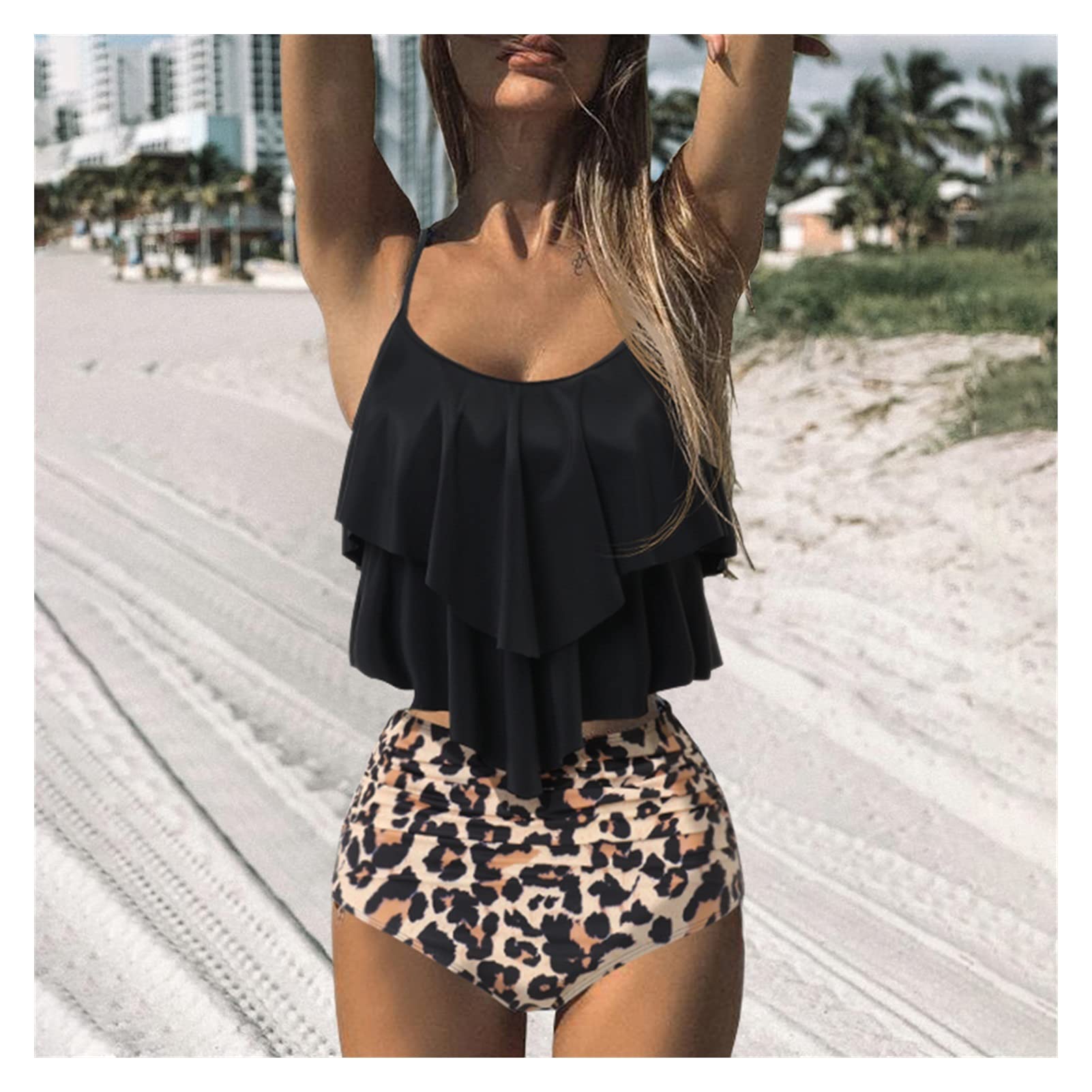 Dwuczęściowy strój kąpielowy Leopard Bikini Wysoka talia Bikini Zwierząt Drukuj Kwiatowy strój kąpielowy Strój kąpielowy z falbanką Stroje kąpielowe w dużych rozmiarach Kobiety Bikini Set (BL)