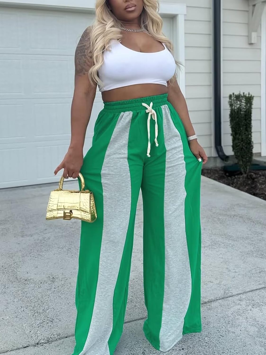 Women's Tall Wide Leg Sweatpants Color Block Drawstring Loose Baggy Sweat Pants - Image 5