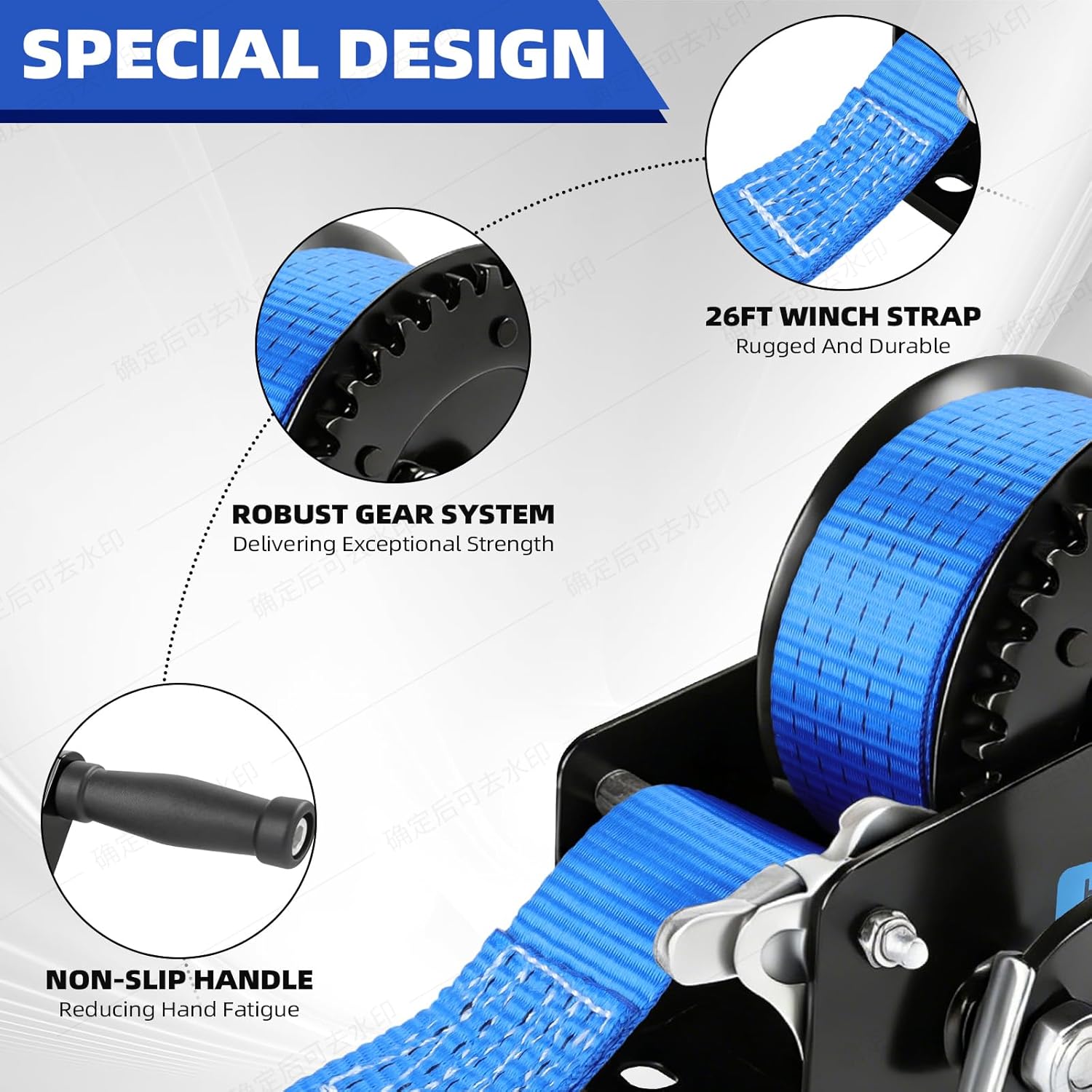 1600 lbs Boat Trailer Winch,26FT Hand Winch 2-Way Ratchet & 4:1 Gear Trailer Winch, Portable Hand Crank Winch for Boat, Truck, Trailer, RV, ATV