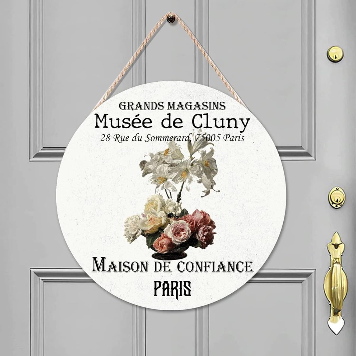 Flower Wall Hanging Sign Plaque, Vintage Flower Wood Door Sign, Old Paper Textures 16x16in Front Door Round Wood Sign for Front Door Entryway Porch Bar Pub Housewarming Gifts