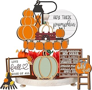 Fall Tiered Tray Decor Set - 18Pcs Fall Decorations for Home, Thanksgiving Wooden Tray Tray Decorations Autumn Pumpkin Rustic Farmhouse Decorative Table Sign for Autumn Thanksgiving Decor