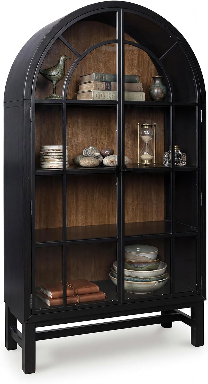 Signature Design by Ashley Basinger Arched Display Cabinet, Black/Brown | Curio cabinet with glass doors, Hardwood solids, Mango wood veneer, MDF substrate, 3 fixed shelves, Dining room server