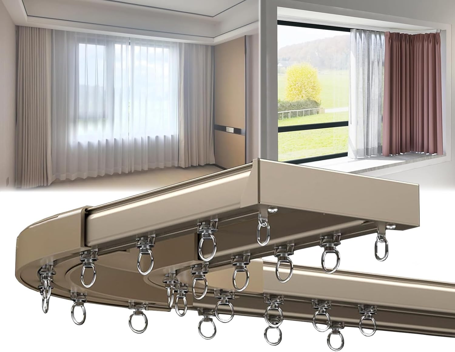 Double curtain track with corner connectors 2 tier aluminum ceiling rod brackets easy installation ideal for heavy shower curtains and drapes (metallic finish)