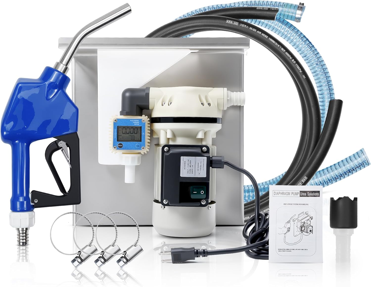 110V DEF Pump Kit for Tote – 10GPM Electric DEF Transfer Pump with K24 External Thread Flowmeter, 4M Discharge Hose & 2M Suction Hose, Auto Nozzle DEF Fluid Transfer System