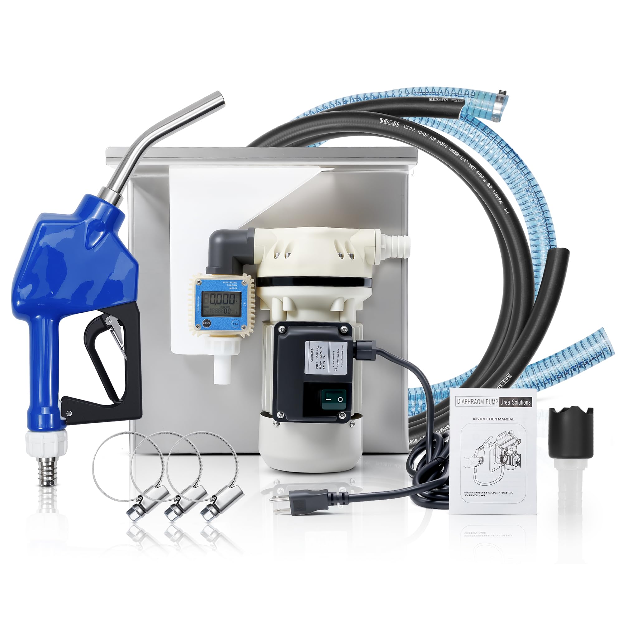 110V DEF Pump Kit for Tote – 10GPM Electric DEF Transfer Pump with K24 External Thread Flowmeter, 4M Discharge Hose &amp; 2M Suction Hose, Auto Nozzle DEF Fluid Transfer System