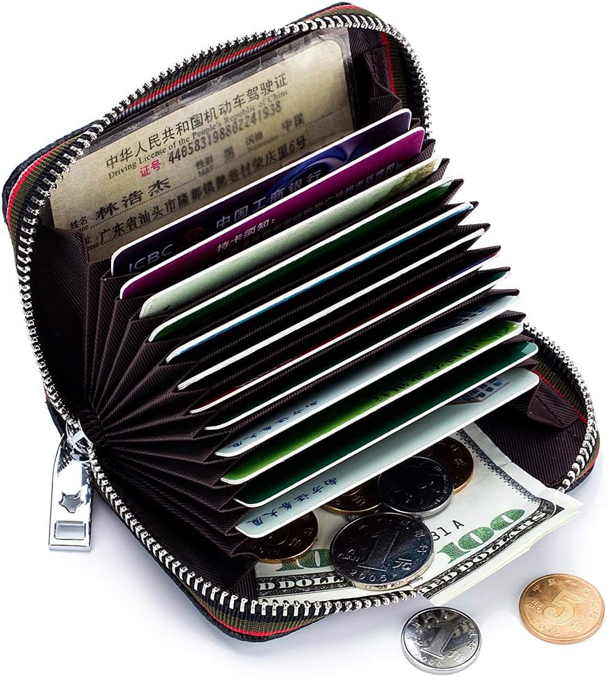 RFID Blocking Genuine Leather Credit Card Holder Wallet for Men & Women Small Zipper Card Case with 12 Card Slots Compact Travel Card Organizer (Rose Red)