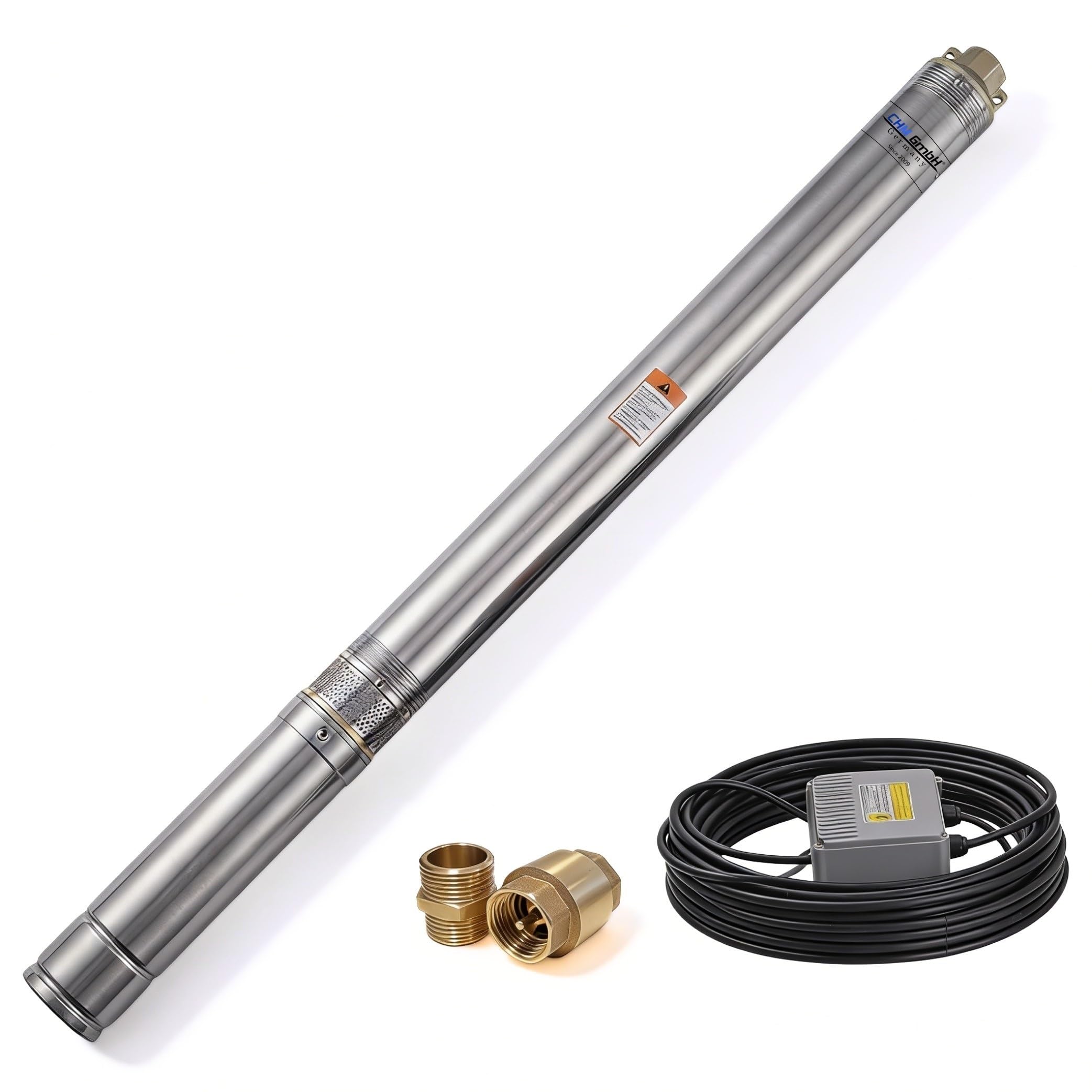 Pompe de puits profonde 3" 1100 W 6000 l/h 7,7 bar pression 25 m câble et disjoncteur moteur 5 % compatible avec le sable