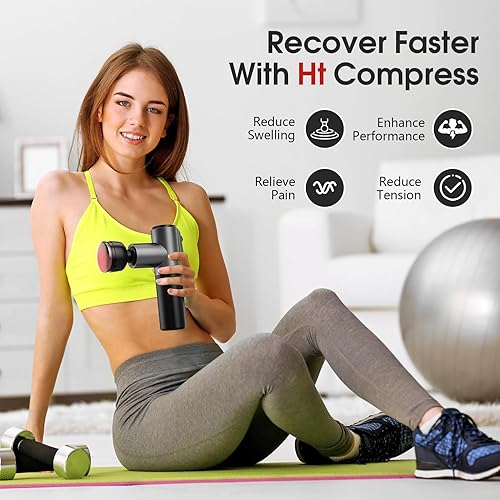 Miniatura 4 de AERLANG Pistola de masaje de tejido profundo con calor y percusión fría, mini masajeador eléctrico de mano de 5 velocidades y 5 cabezales de masaje,