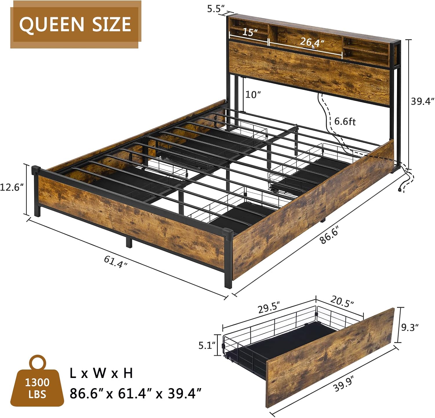 Queen bed frame with dimensions and under-bed storage drawers