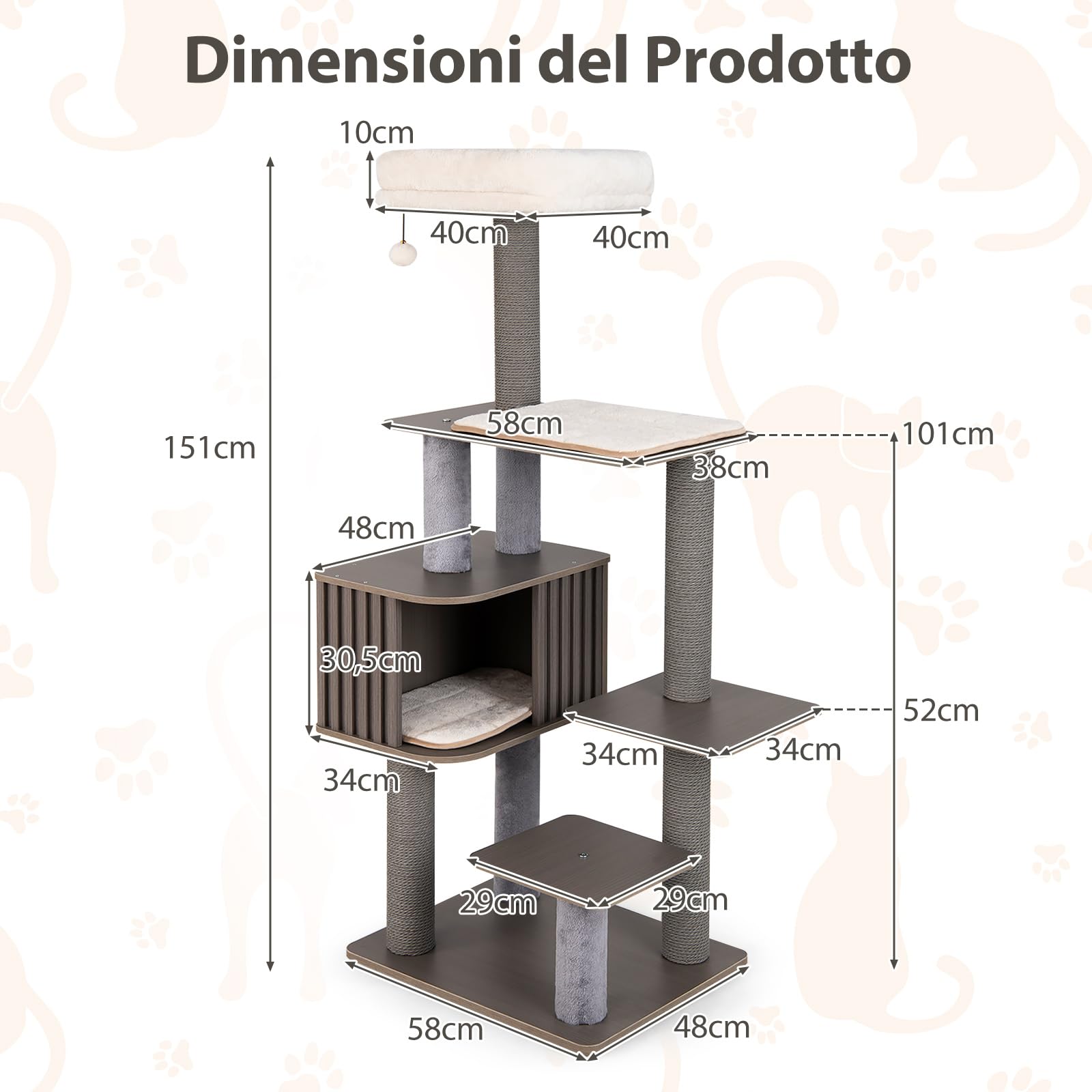 COSTWAY Albero per Gatti a 6 Livelli, Torre per Gatti Alta 151 cm con Condominio, Tappetini Removibili e Tiragraffi, Albero Tiragraffi per Arrampicata per Gattini in Legno con Palla Pompom Appesa