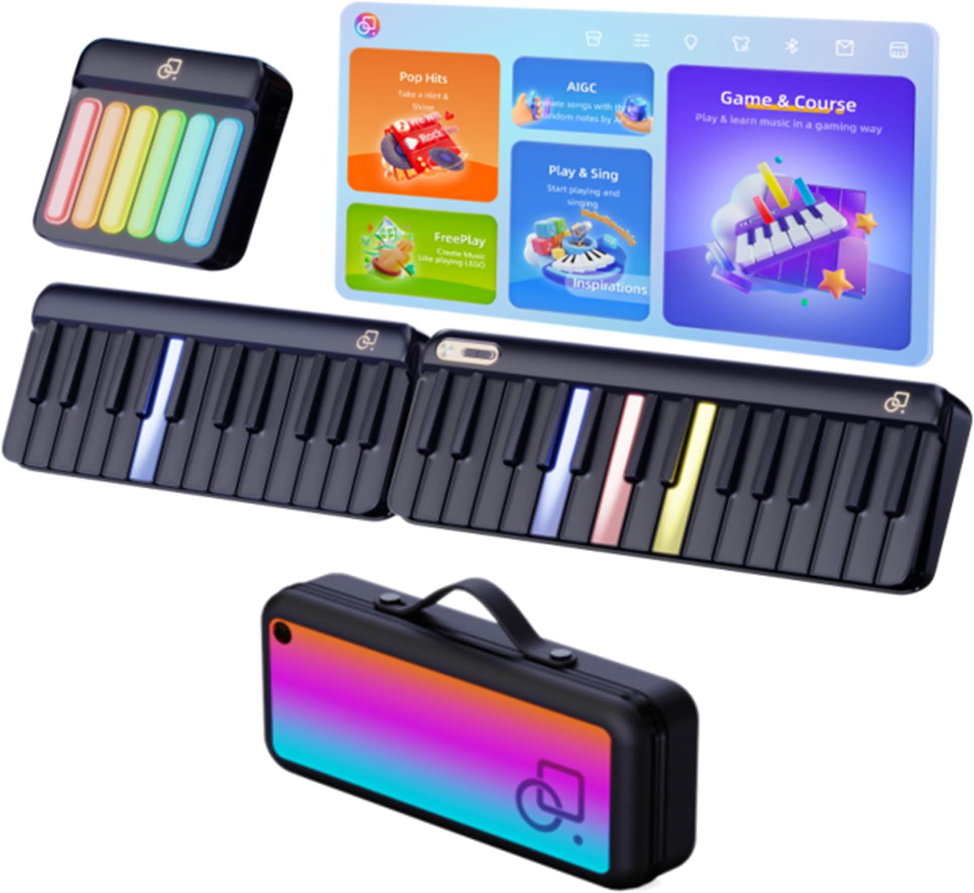 Popupiano Smart Piano Keyboard, 59 Keys Digital Piano for Beginners, Rainbow LED Lights & Free Apps, 256 Voices, 100+ Auto Chords, MIDI Support, Keyboard