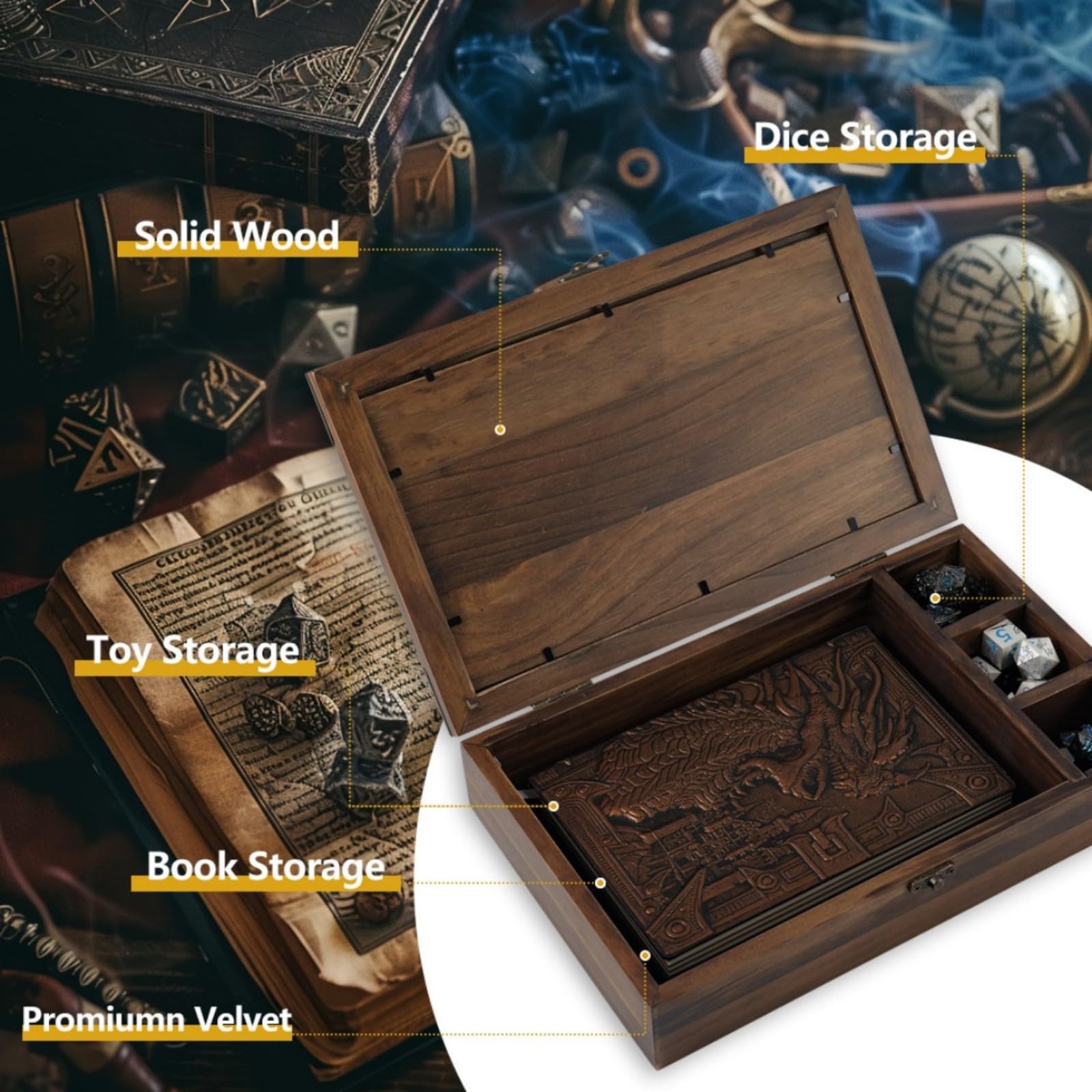 Dreamplay Gifts 2 In 1 Dnd Dice Tray Metal Dice Wooden Box with DND Notebook For Rolling & Storage Organizer RPG Table Games Dice Box Dungeons & Dragons Players Or Metal Polyhedral (Flame) - Image 4