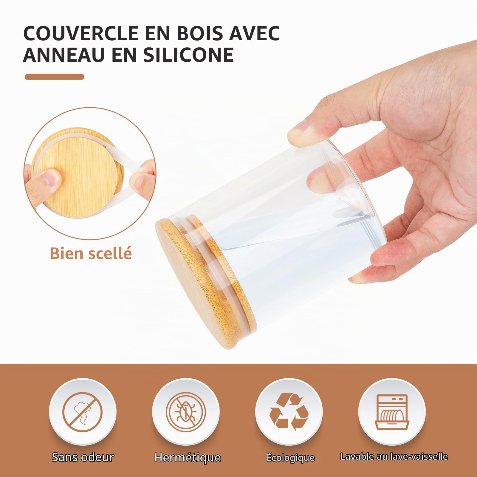 Cinnani Bocaux en Verre Lot de 10, Rangement Cuisine Avec Couvercle en Bois et Rondelle, Hermétique Pour Céréales, Cornflakes, Sucre, Spaghetti