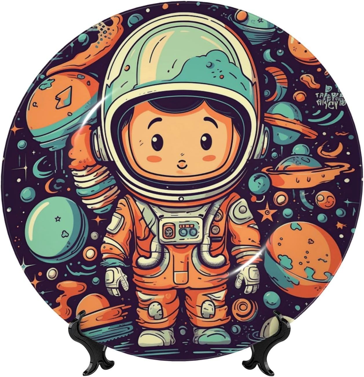 Bone China Decorative Plate with Display Astronaut Outer Space Pattern Ceramic Plates Crafts Art Decor Dessert Plate Ceramic Ornament Porcelain Plates for Living Room Kitchen Table Home Decor