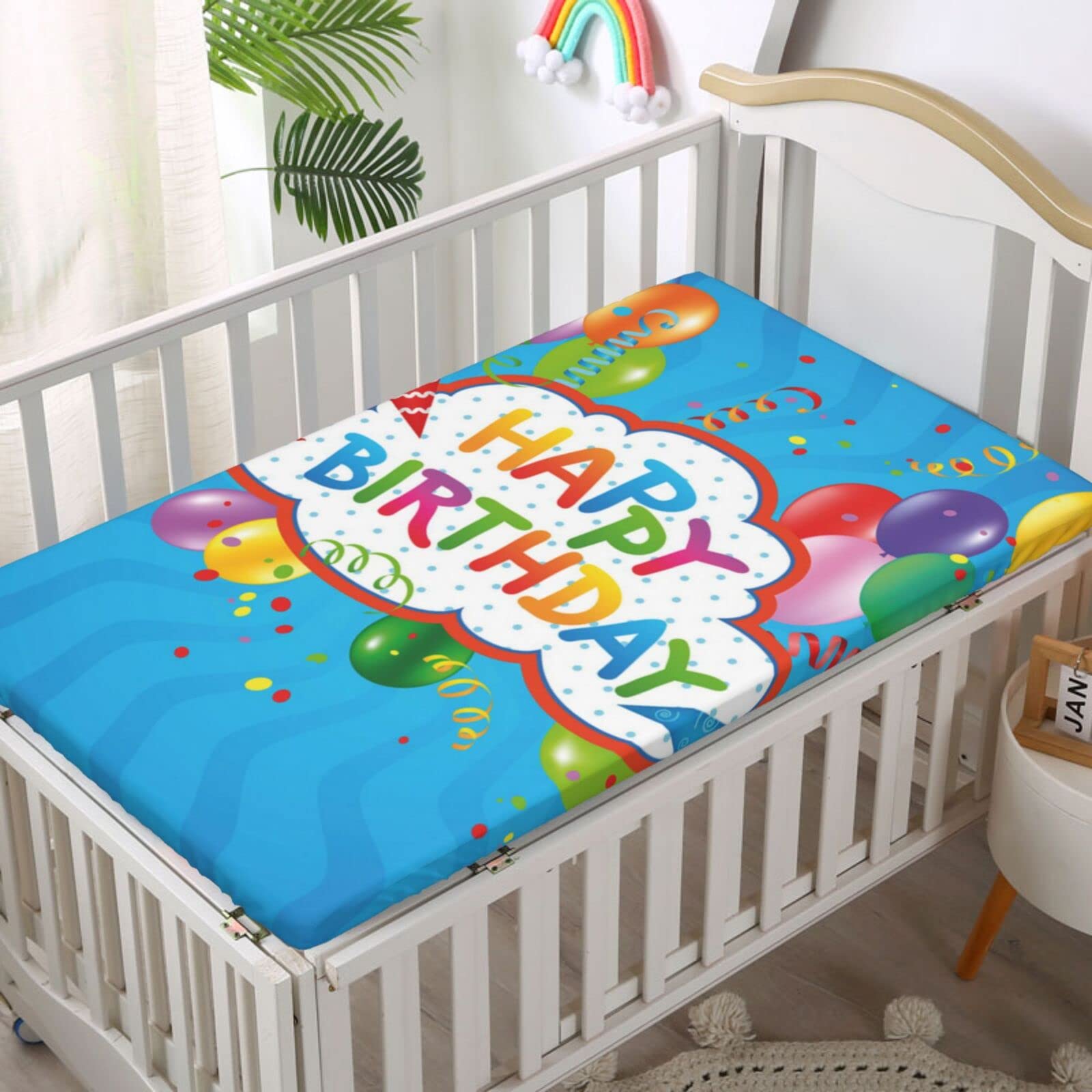 Birthday Themed Fitted Mini Crib Sheets,Portable Mini Crib Sheets Toddler Bed Mattress Sheets - Baby Sheet for Boys Girls,24“ x38“,Multicolor