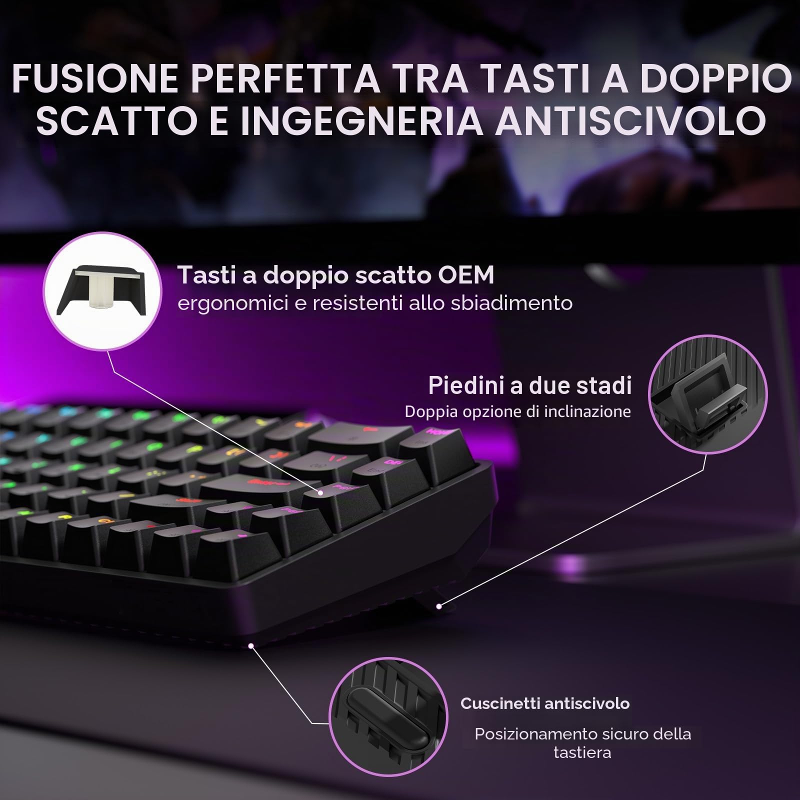 Dierya DK68 Tastiera Gaming Wireless,60% Tastiera Meccanica Bluetooth/2.4G/USB-C RGB,Interruttore Rosso,Double-Shot ABS Keycaps Compatibile con Win/Mac,Nero(Layout US,QWERTY)