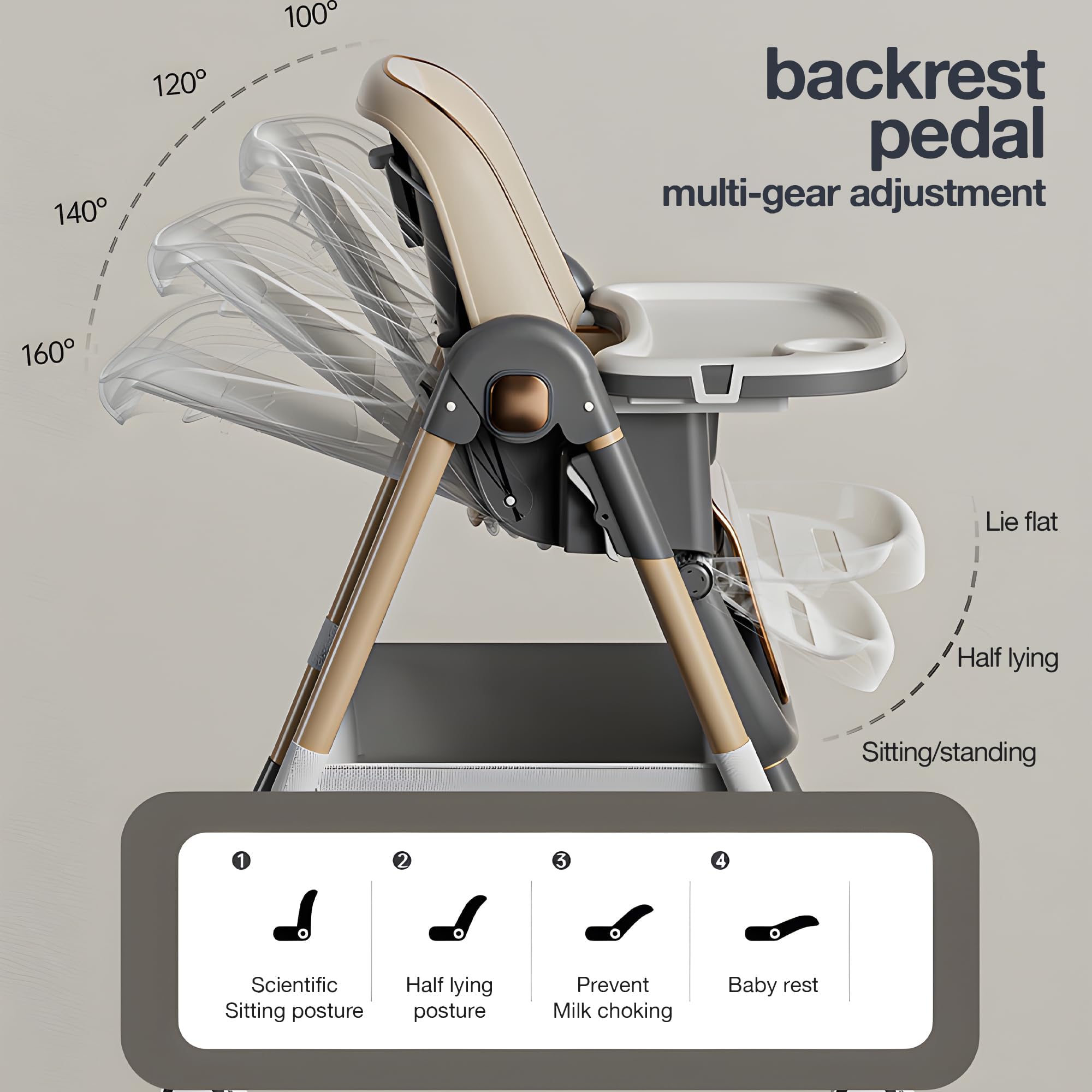 Baybee 3 in 1 Baby High Chair for Kids, Baby Feeding Chair with 8 Height Adjustable, Footrest, Tray, 160° Recline, 5 Point Safety Belt & Wheels | Kids High Chair for Baby 0 Months to 6 Years (Brown) - Image 4 thumbnail
