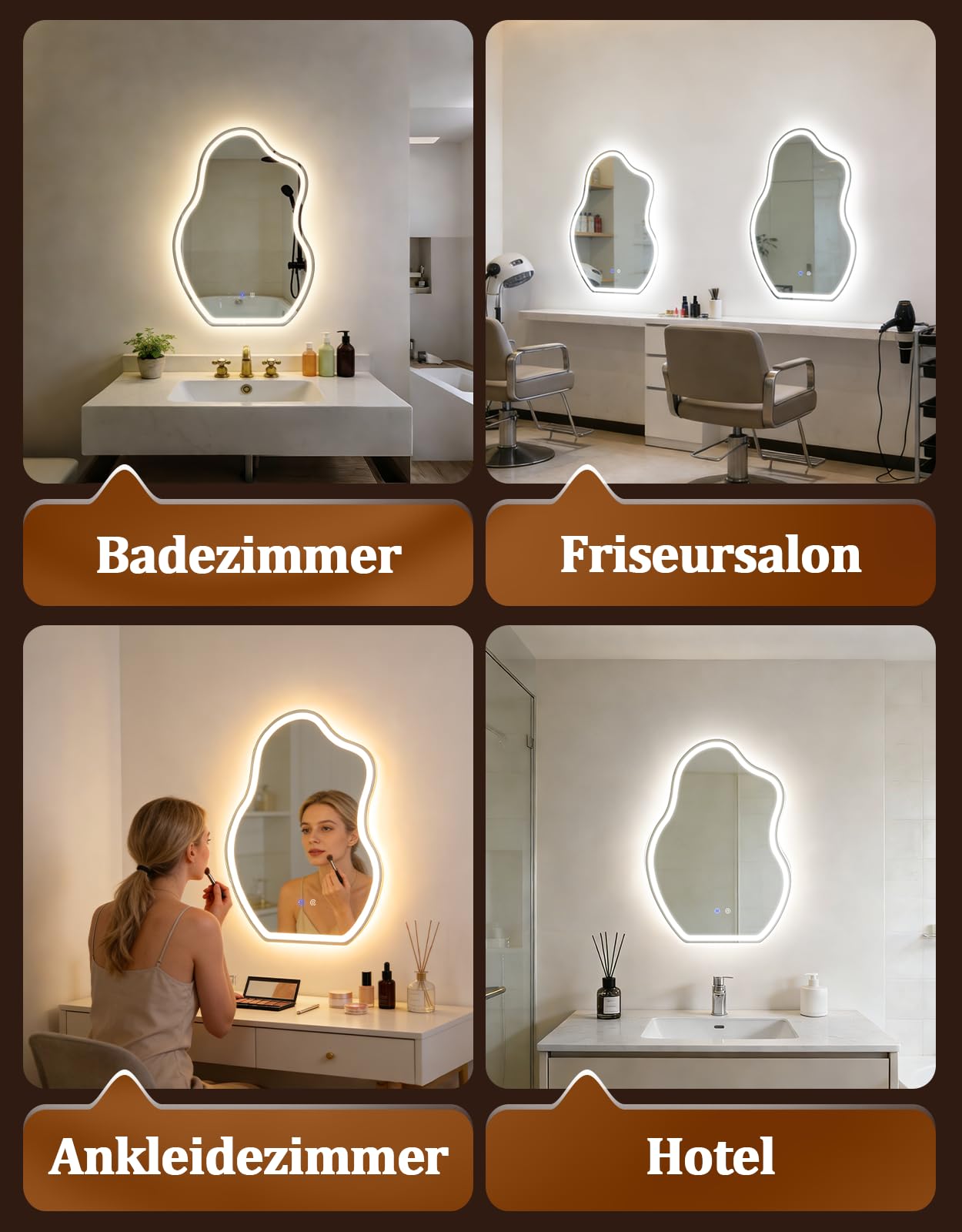 Asymmetrisch Badspiegel Mit Beleuchtung,50x70cm LED Bad Wandspiegel | Badezimmer Wandspiegel Mit Licht, IP44 50x70 cm Asymmetrischer Organischer Groß Gäste WC Badezimmerspiegel Mit Beleuchtet