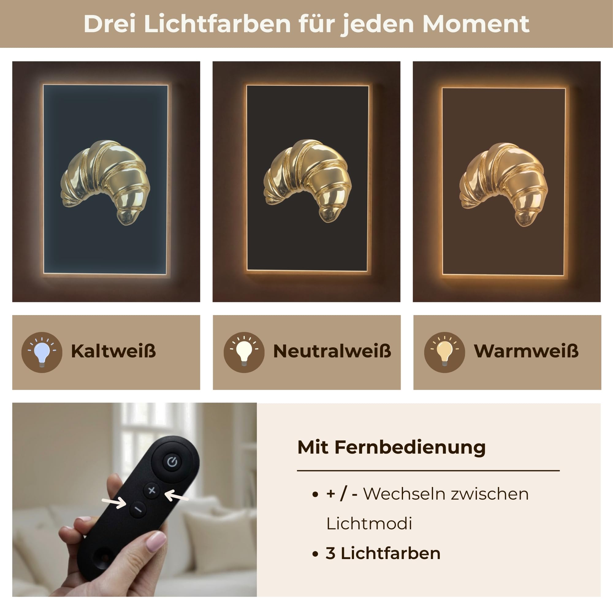 Wandleuchte Nachtlicht 60x90 cm Aufladbar Dimmbar Innen Nachtlampe Wandmontage LED Wandlampe Nachttisch Wall Lamp Licht Wand Croissant - Brot - Gold - Schwarz