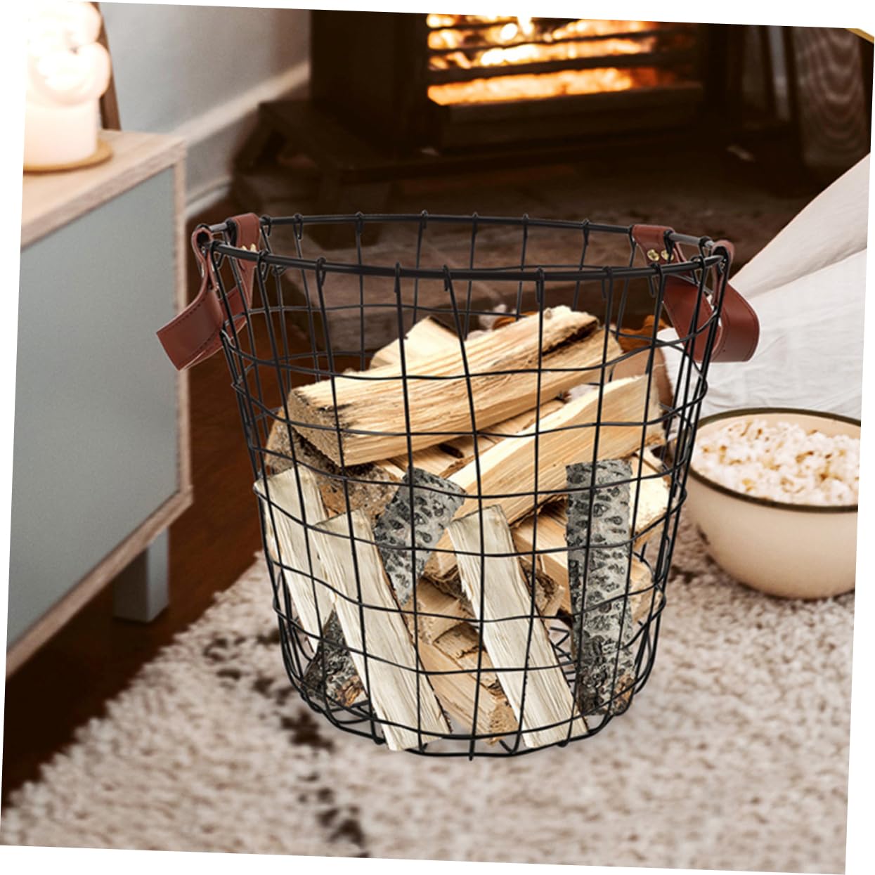Cesto Portalegna Rotondo in Ferro con Manico Stile Rustico | Ampia Capienza, Uso in Cucina e Ambienti Domestici, Design Farmhouse Decorativo