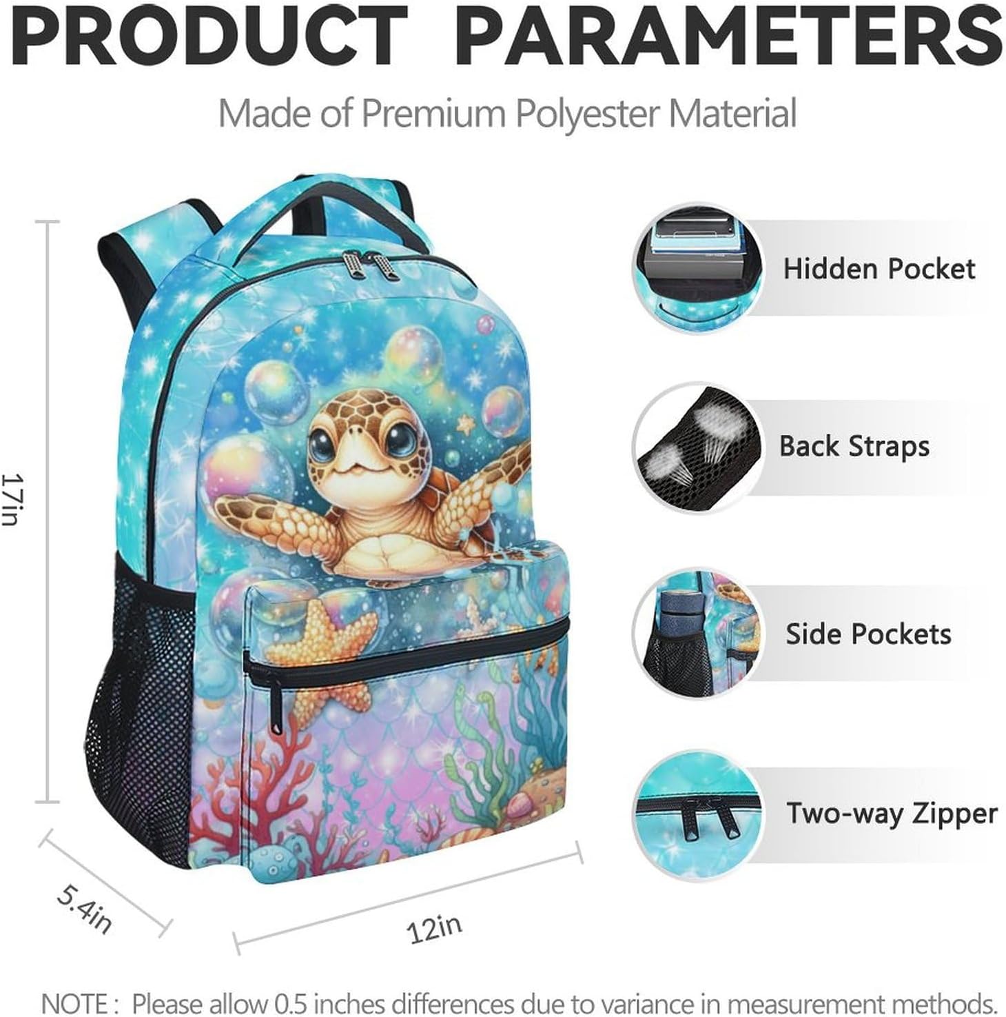 Sea Turtle Backpacks for Girls - 17 Inch Kids Elementary School Backpacks - Cute Lightweight Students Bookbag with Adjustable Strap Gifts