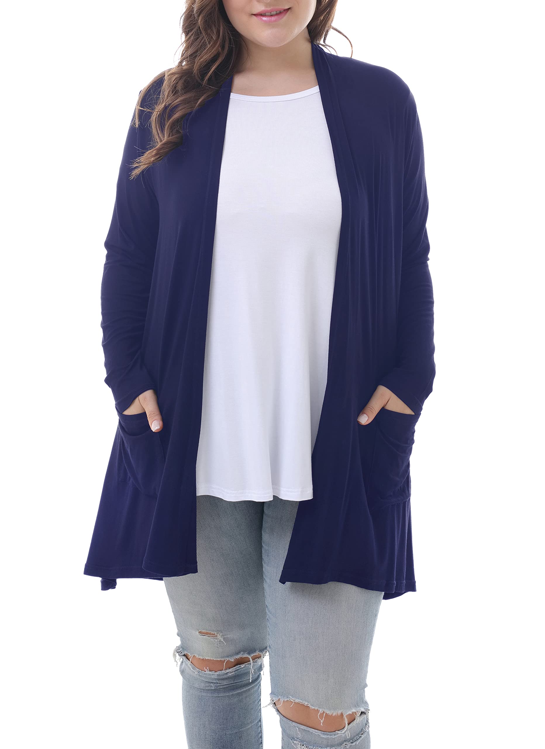 ZERDOCEAN Women's Plus Size Long Sleeve Lightweight Soft Printed Drape Cardigan with Pockets