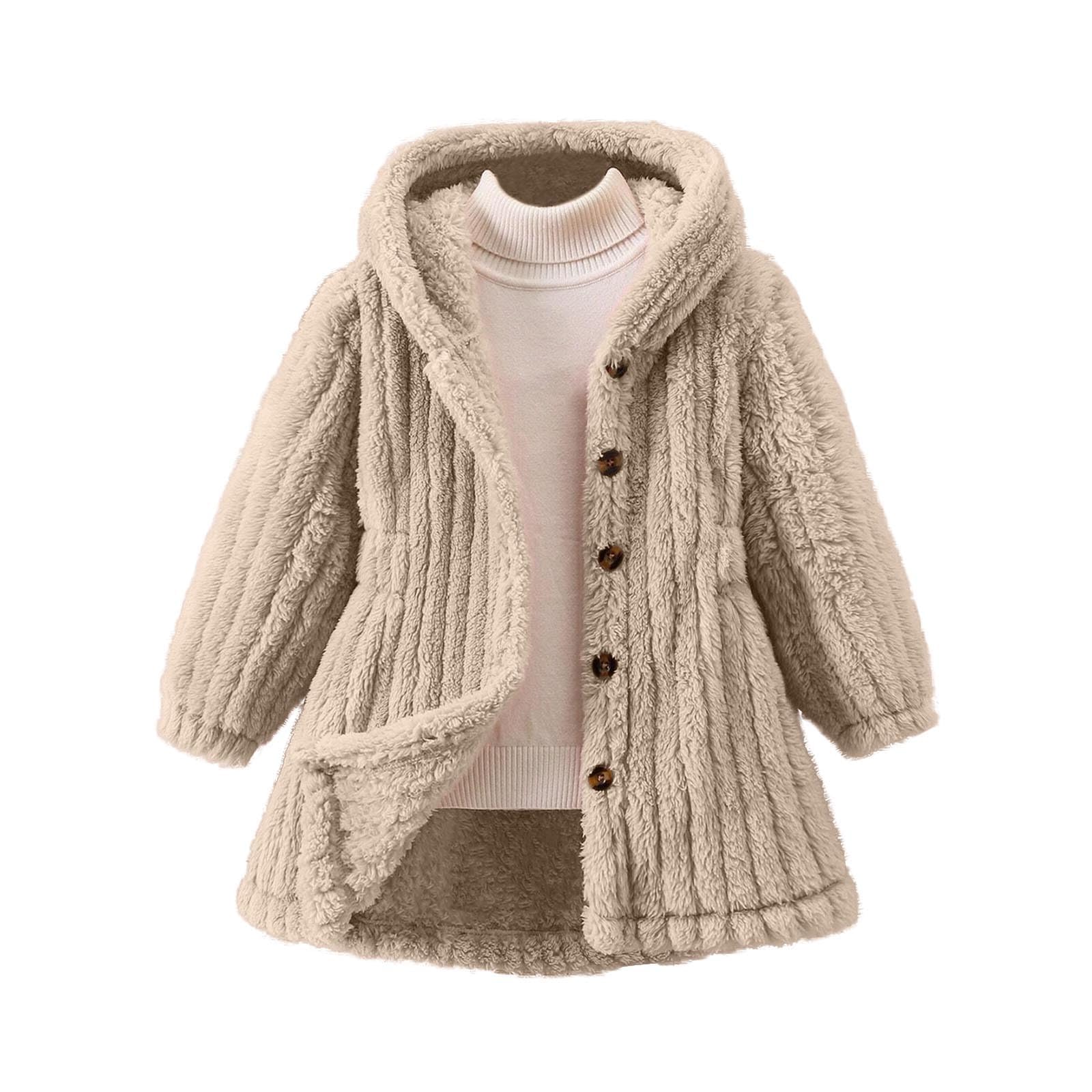 Girls Sherpa Fuzzy Coats Winter Padded Fleece Hooded Jackets Teen Kids Button Open Front Warm Windproof Outwear