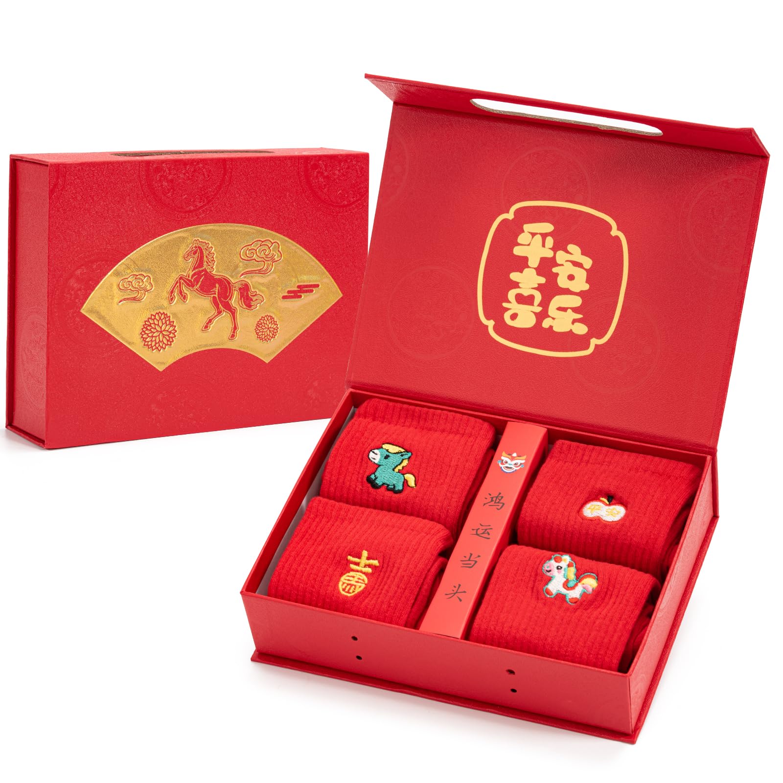 Chinese New Year Red Socks for Men Women, 4 Pairs 2026 Year of the Horse Lucky Socks with Box, Horse Cotton Crew Sock