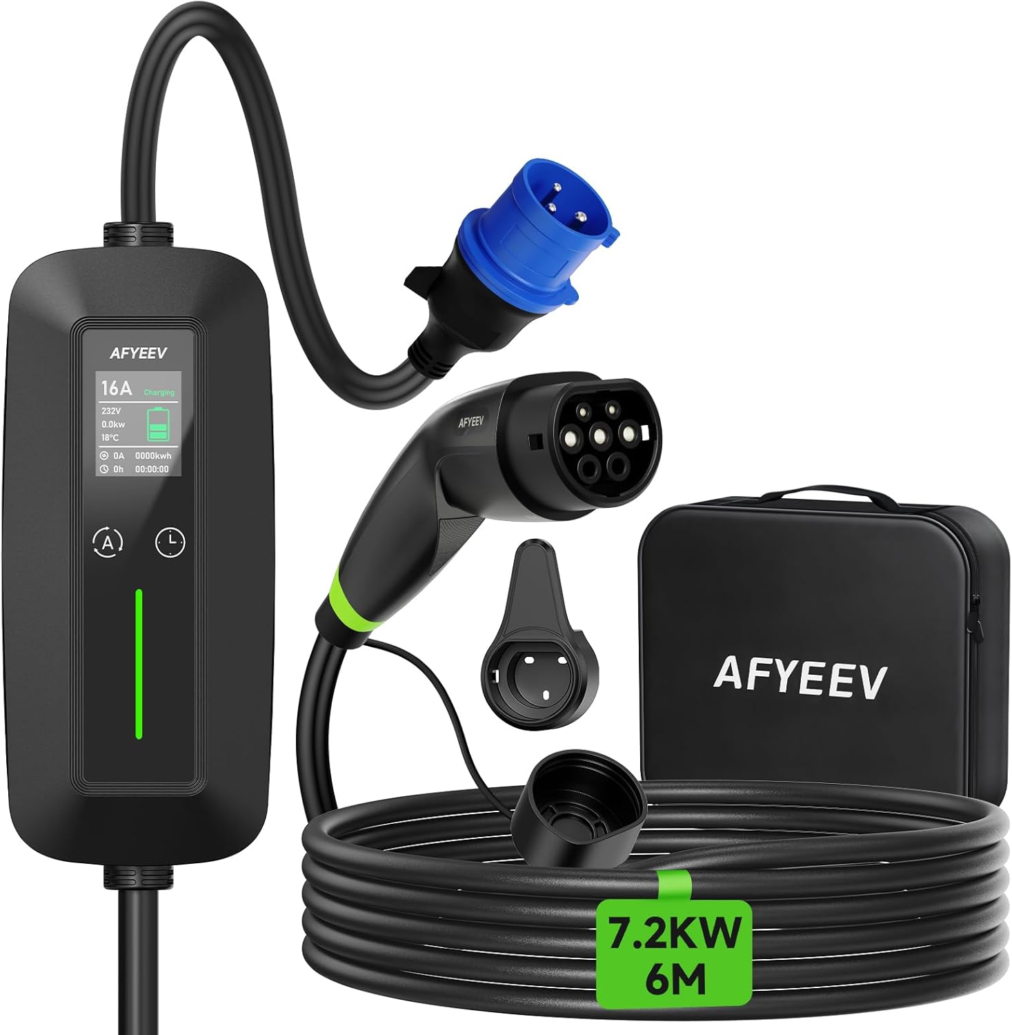 AFYEEV Cargador de Coche Eléctrico 6M 7,2kW, Cargador de Coche Eléctrico con Corriente Ajustable 6/8/10/13/16/20/24/32A, Negro (IEC 62196-2)