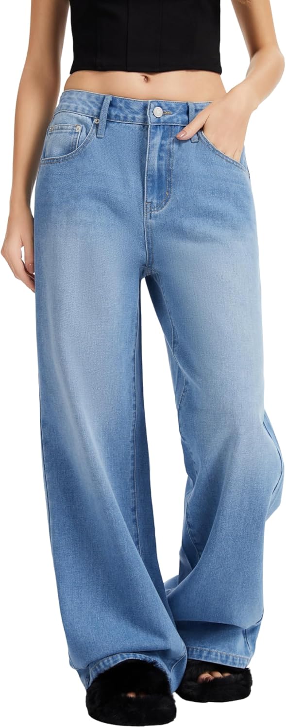 Adjustable Waist Straight Leg Jeans for Women Y2K Baggy Jeans with Snap-Button Mid Low Rise Denim Pants