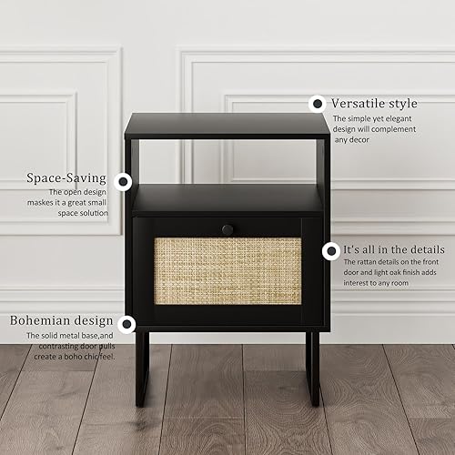 Miniatura 36 de Masupu Mesita de noche de ratán con estación de carga, moderna mesita de noche de madera bohemia con cajón de almacenamiento y estante abierto, mesa