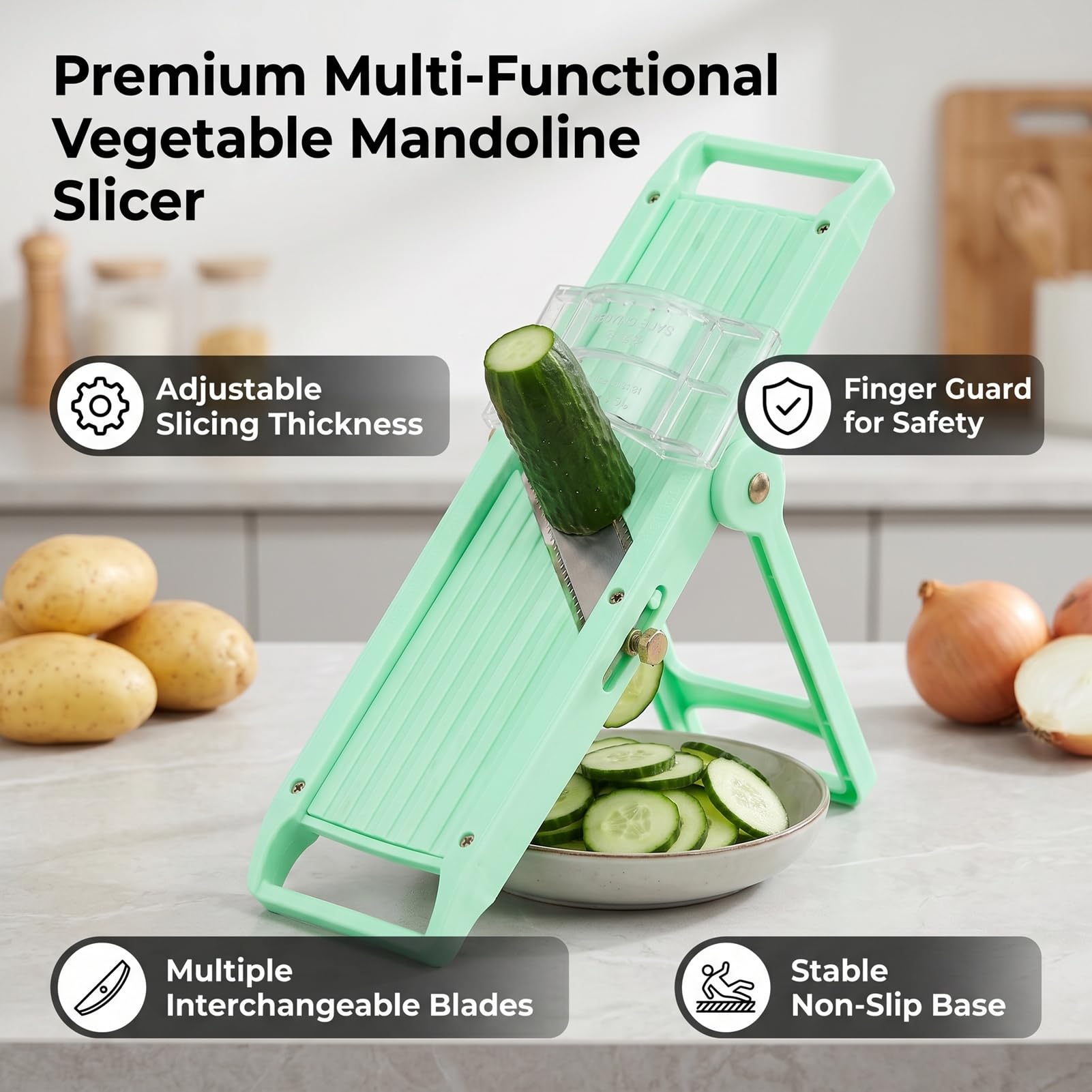 Ejoyous Cortador de Verduras Mandolina Japonesa de Acero Inoxidable con Ergonómico y Base Antideslizante Cortes Ajustables para Ensaladas Salteados Cocineros Caseros (Verde)