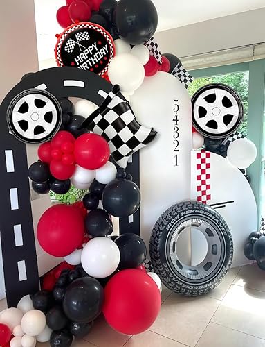 Miniatura 5 de Kit de guirnalda de arco de globos de auto de carreras, 103 globos rojos, negros y plateados con banderas a cuadros y globos de ruedas