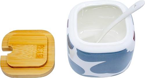 Miniatura 5 de Juego de 3 tarros de especias de cerámica blanca impresa con cucharas y tapas de bambú y bandeja (floral abstracto)