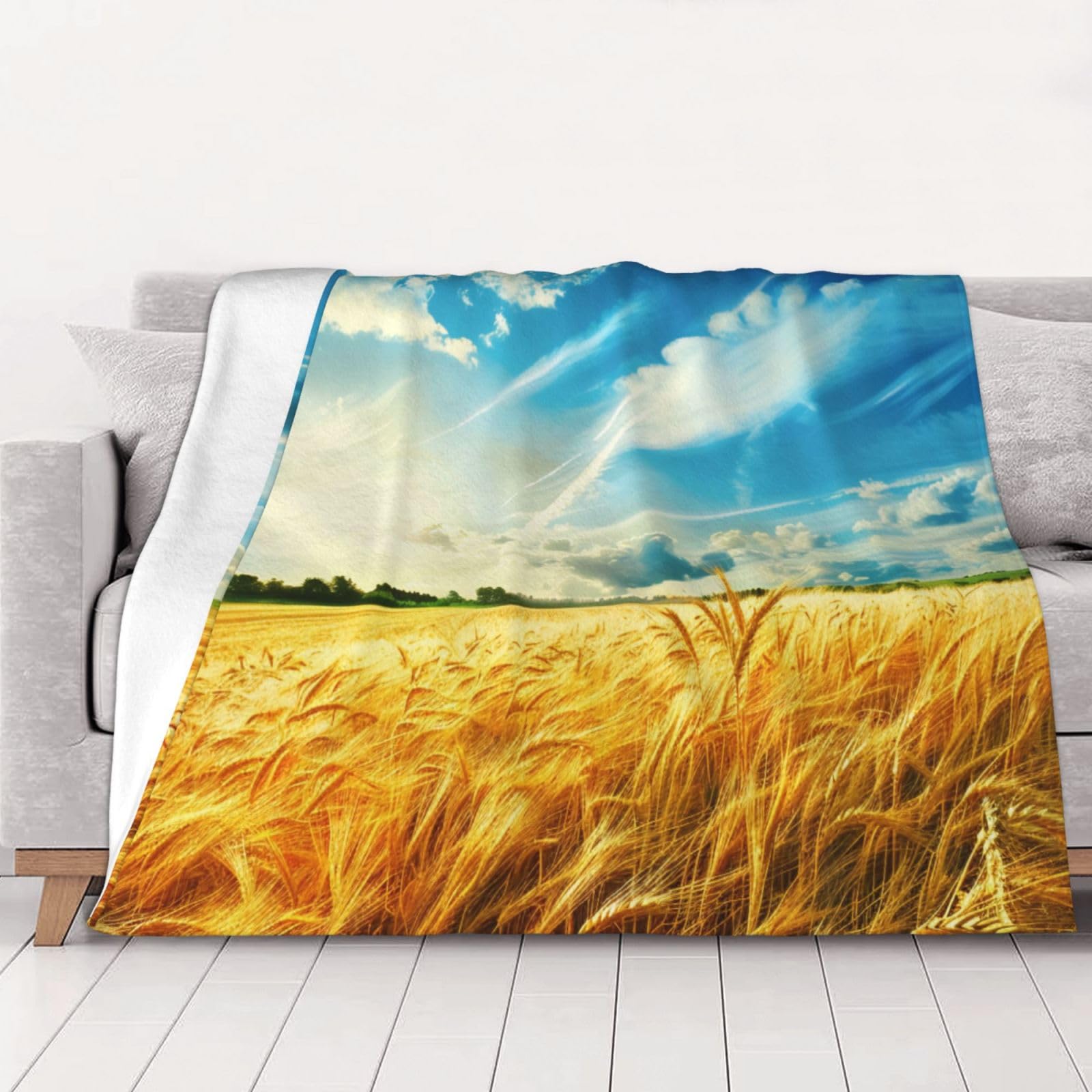 AUBKFELD Wheat Field Printed Flannel Blanket 200x150 CM, Soft & Warm Throw Blanket for Sofa/Couch/Bed/Car, Gifts for Audlts Women Men