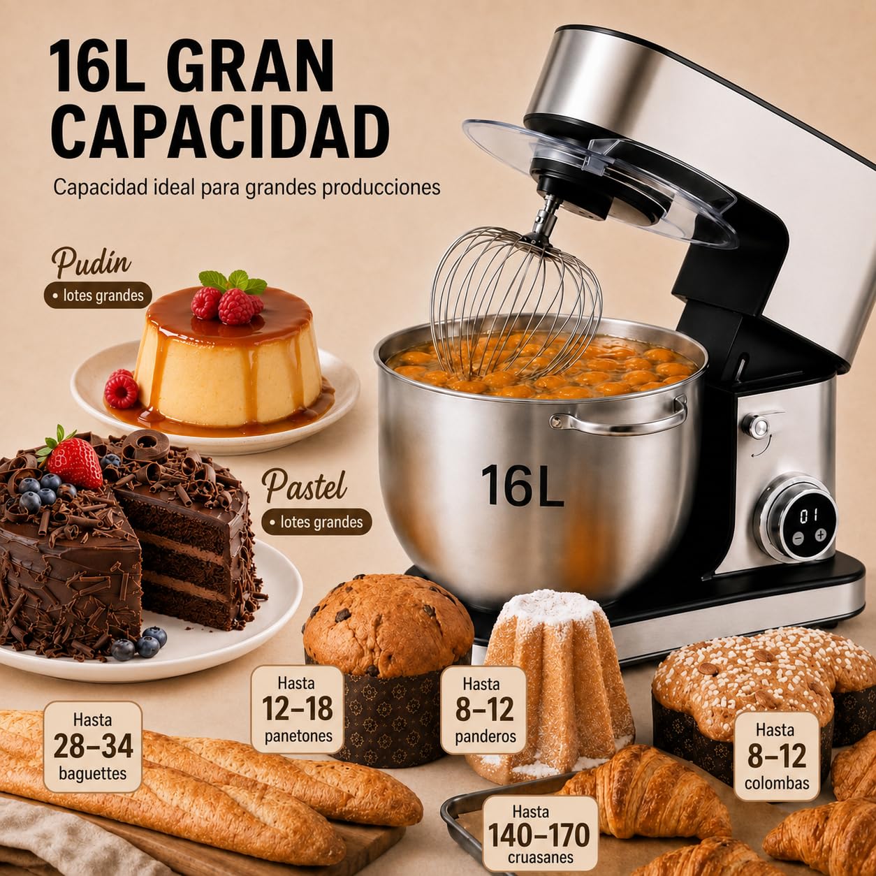 Royal Swiss SC-616DE Amasadora 16 L 2800 W, Robot de Cocina Profesional con Mezcla Planetaria, 12 Velocidades, Pantalla LED, Temporizador, Bol Inox, Gancho, Varillas, Batidor