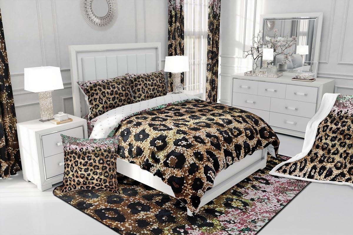jejeloiu Gold Leopard Print Fitted Sheet Twin Size Cheetah Bed Sheets Set for Kids Boys Girls Decor Safari Animal Skin Wildlife Farmhouse Glitter Bedding Set Soft Lightweight Bedroom Decor 3Pcs