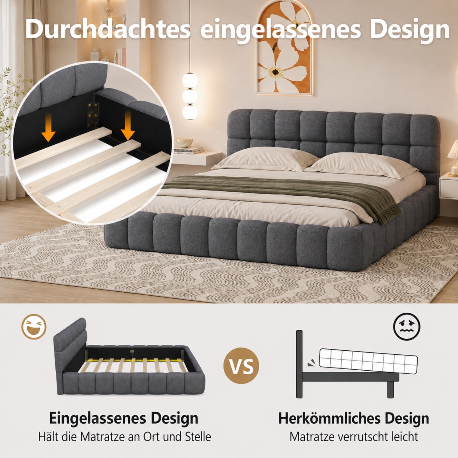 Fofetbfo Polsterbett 140x200, Doppelbett mit Bettkasten, Bubble Bett Jugendbett mit Lattenrost und Gepolstertes Kopfteil, Flachbett Gästebett, Leinen Beige,ohne Matratze (grau, 140x200 cm)