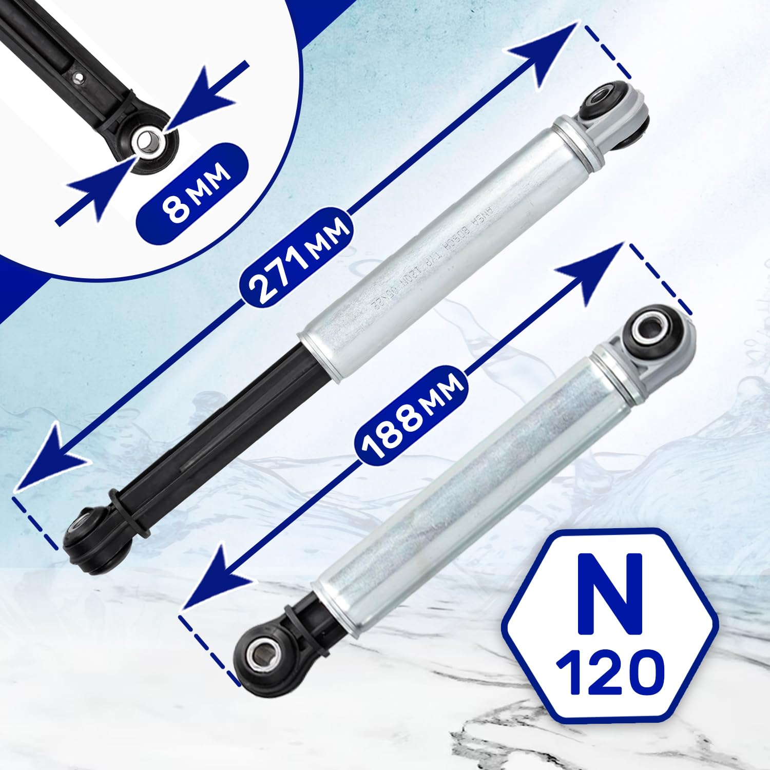 2 Pezzi Ammortizzatori 120N Lavatrice 188 Mm Con Foro 8 Mm Con Codice Originale 4500826 4500825 4500820 4500821 Per Miele - Garanzia Di 5 Anni - ONIX TECH - Foto 7