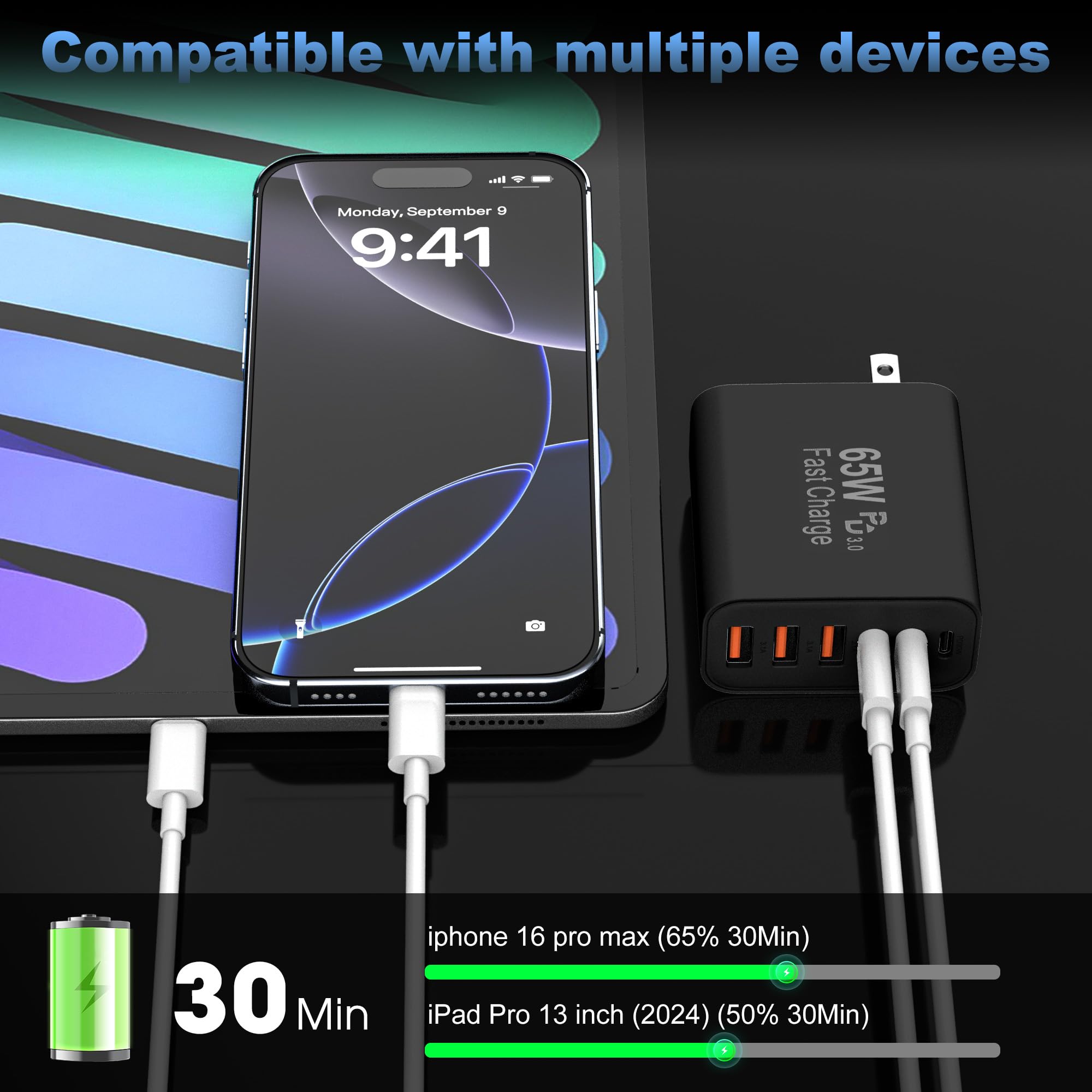 Bloque de Carga USB C, Bloque de Carga USB C de 65 W, 6 Puertos, Cargador de Pared, Cargador de iPhone, Carga rápida, multipuerto Tipo C PD+QC Enchufe de alimentación para Todos los iPhone 17, 16, 15