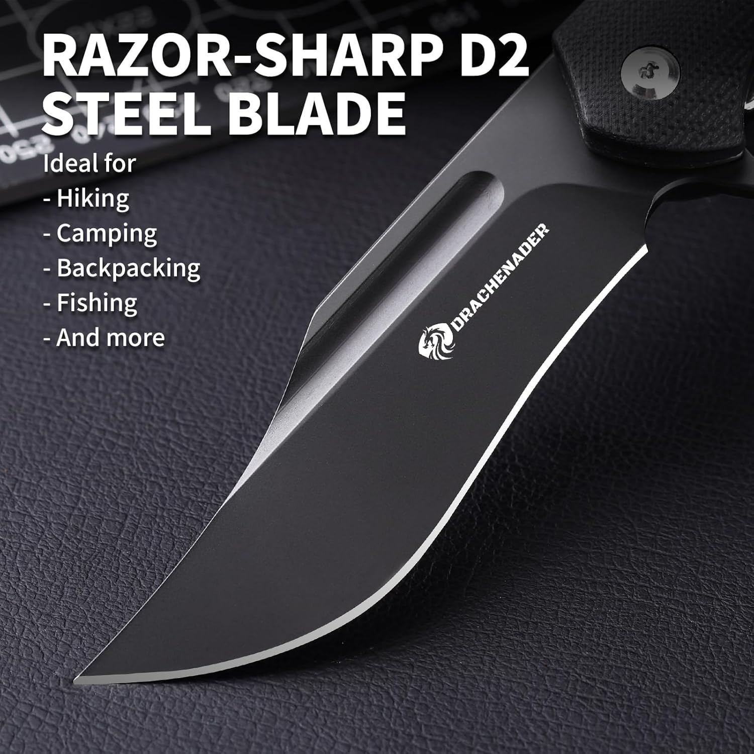 DRACHENADER Pocket Knife for Men Y-WOLF, 3.9" D2 Steel Blade EDC Folding Knife with G10 Handle and Nylon Sheath, Outdoor Gift for Camping Hiking (Full Black)