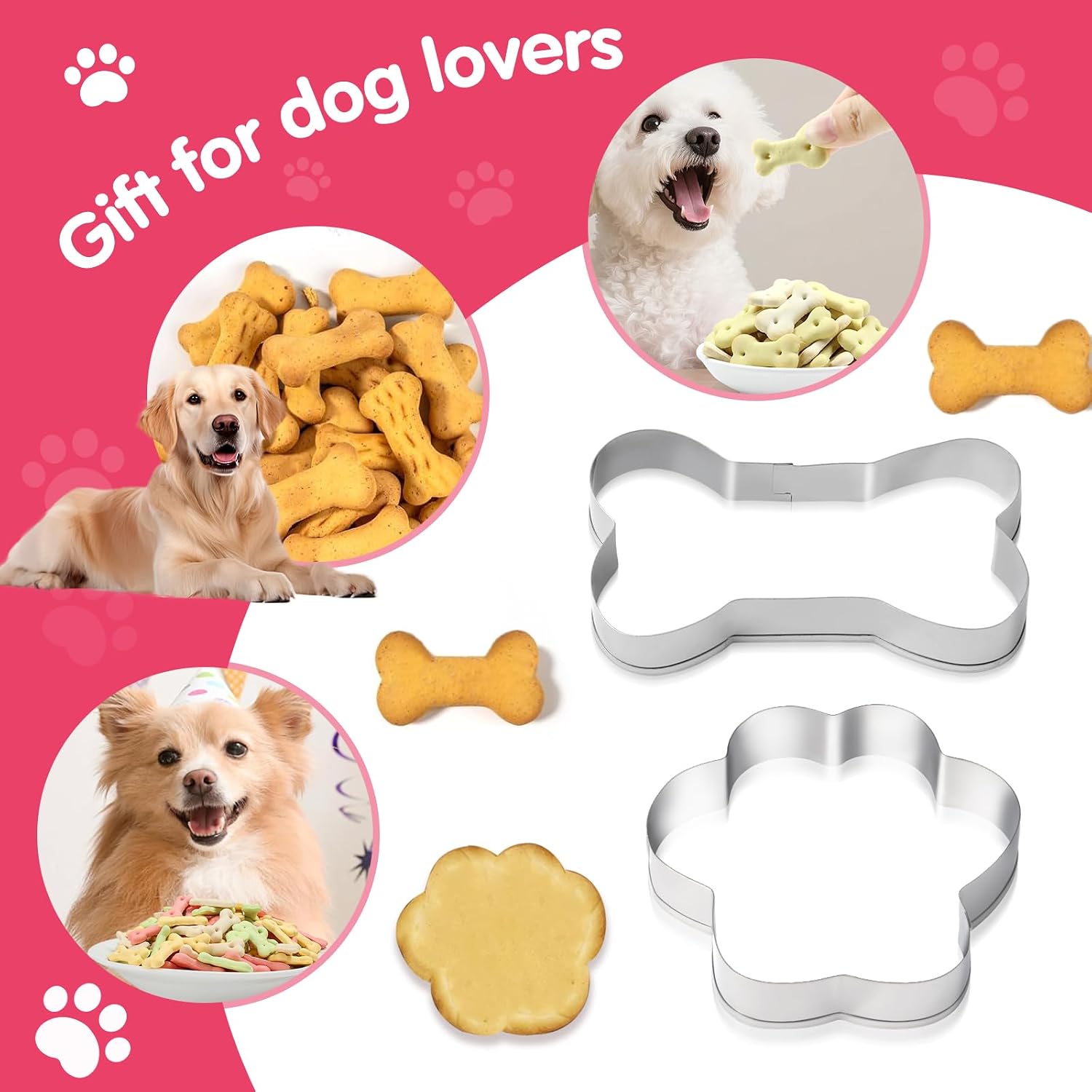 6 PCS Dog Bone and Paw Cookie Cutters, 3 Sizes, Stainless Steel