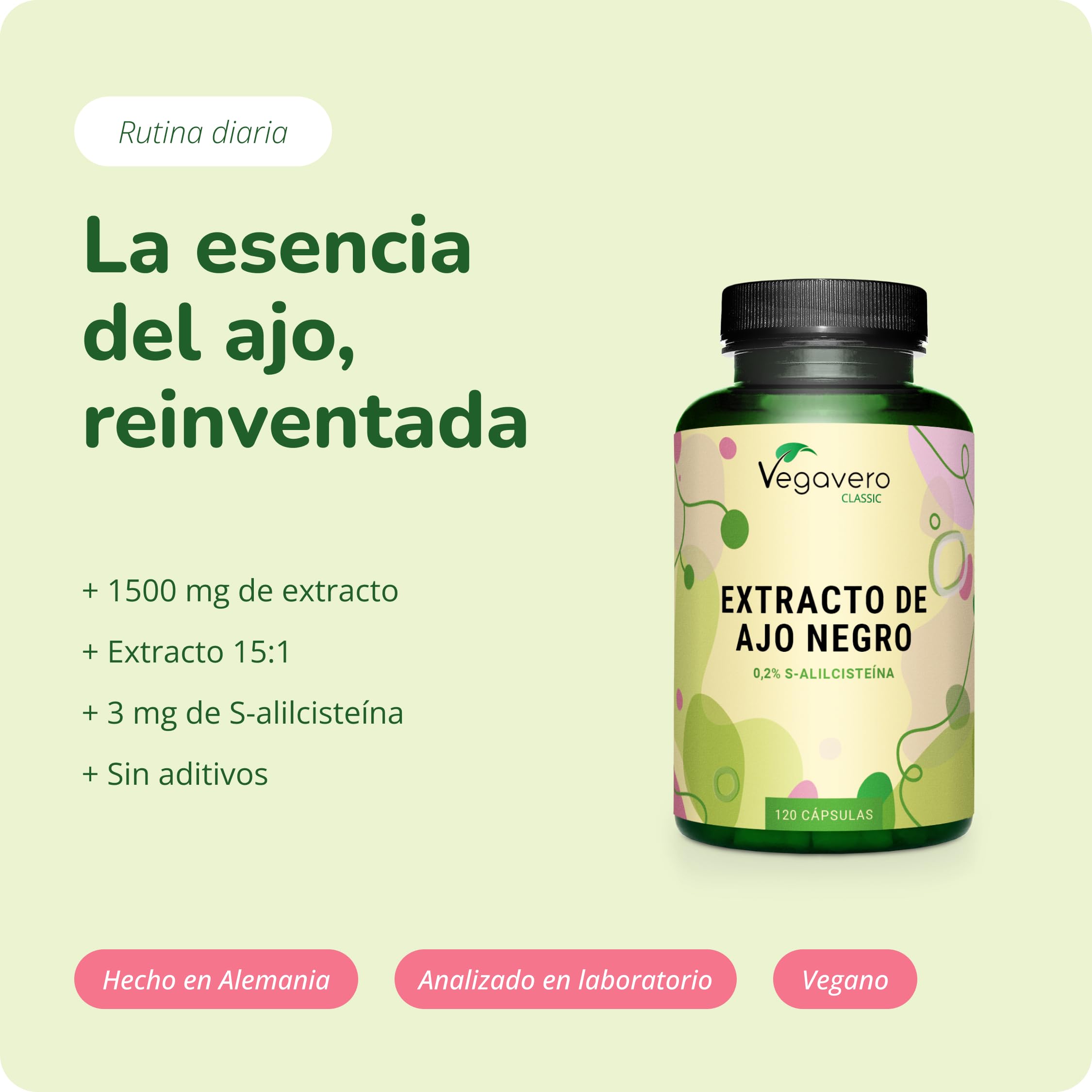 Ajo Negro 22.500 mg SIN OLOR | ALTA DOSIS | Extracto Natural Fermentado | Potente Antioxidante + Sistema Inmune | 120 cápsulas | 100% Vegano y Sin Aditivos | Vegavero