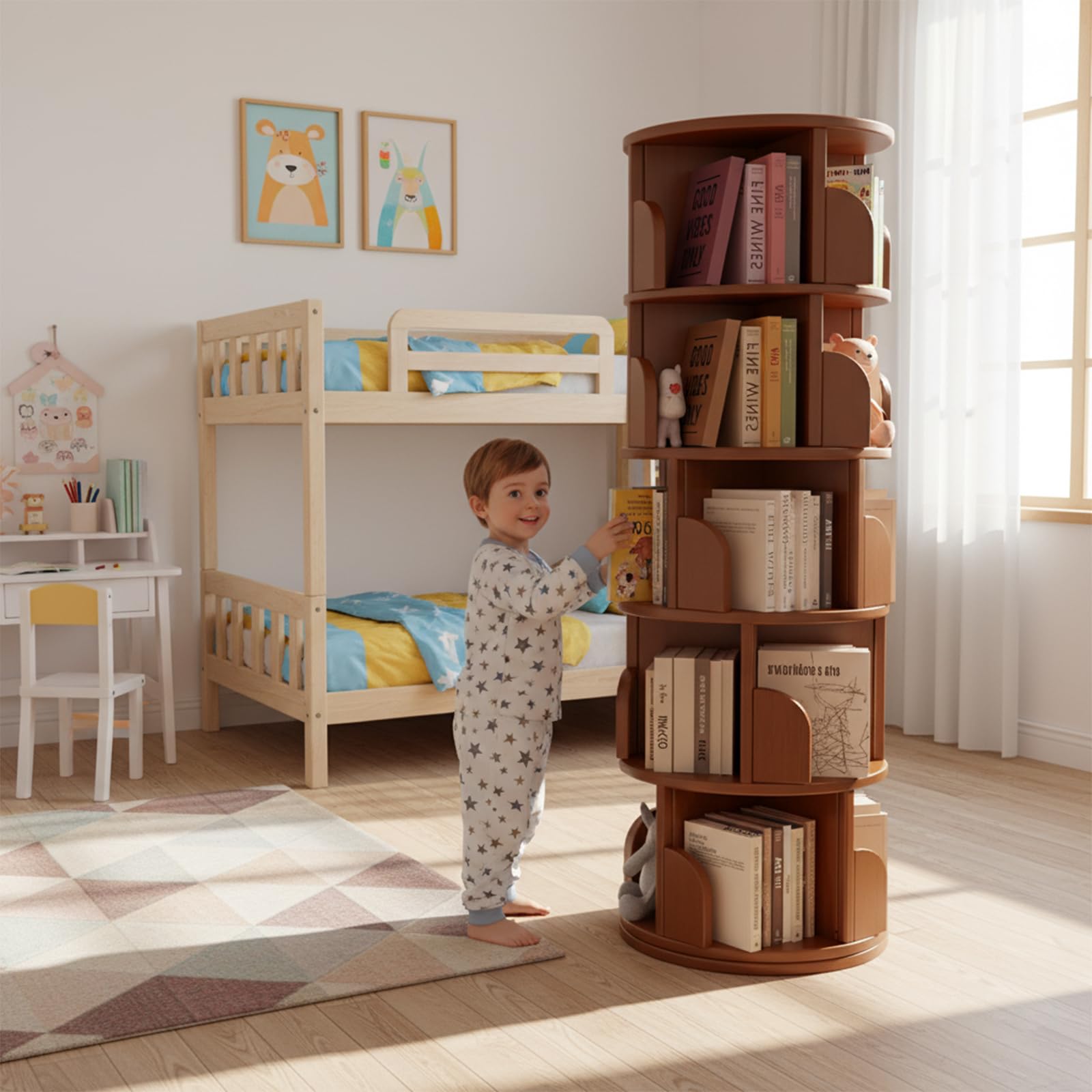 Bücherregal Drehbar, 5 Ebenen Drehbares Bücherregal Kinder, Multifunktionales Eckregal Stehend für Bücher und Dekoration, 46x46x157cm
