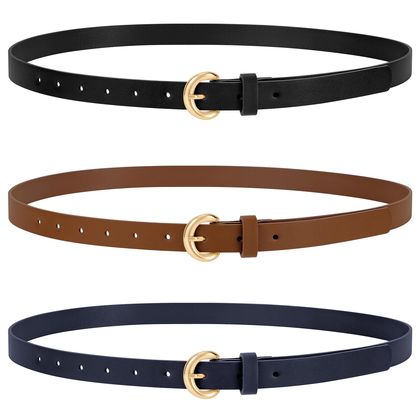 WERFORU 3 Pack Women Skinny Belt Thin Waist Belt for Women Leather Belt with Gold Buckle for Jeans