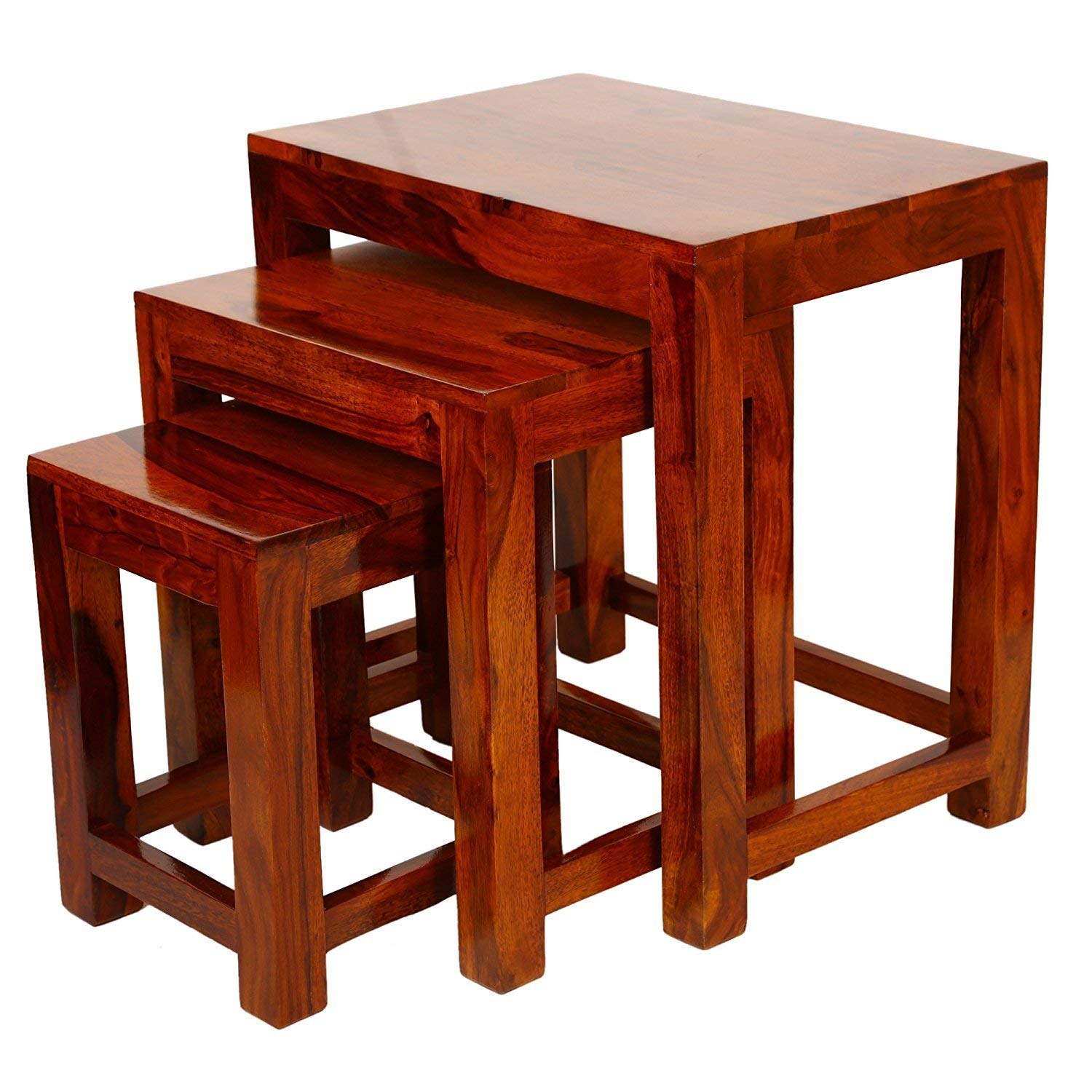 Solid Sheesham Wood Nesting Table Set of 3 Stools Bedside Table Nightstand Sofa Side Table End Table for Living Room Bedroom Home Office Wooden Furniture (Honey_Finish)-picture-16